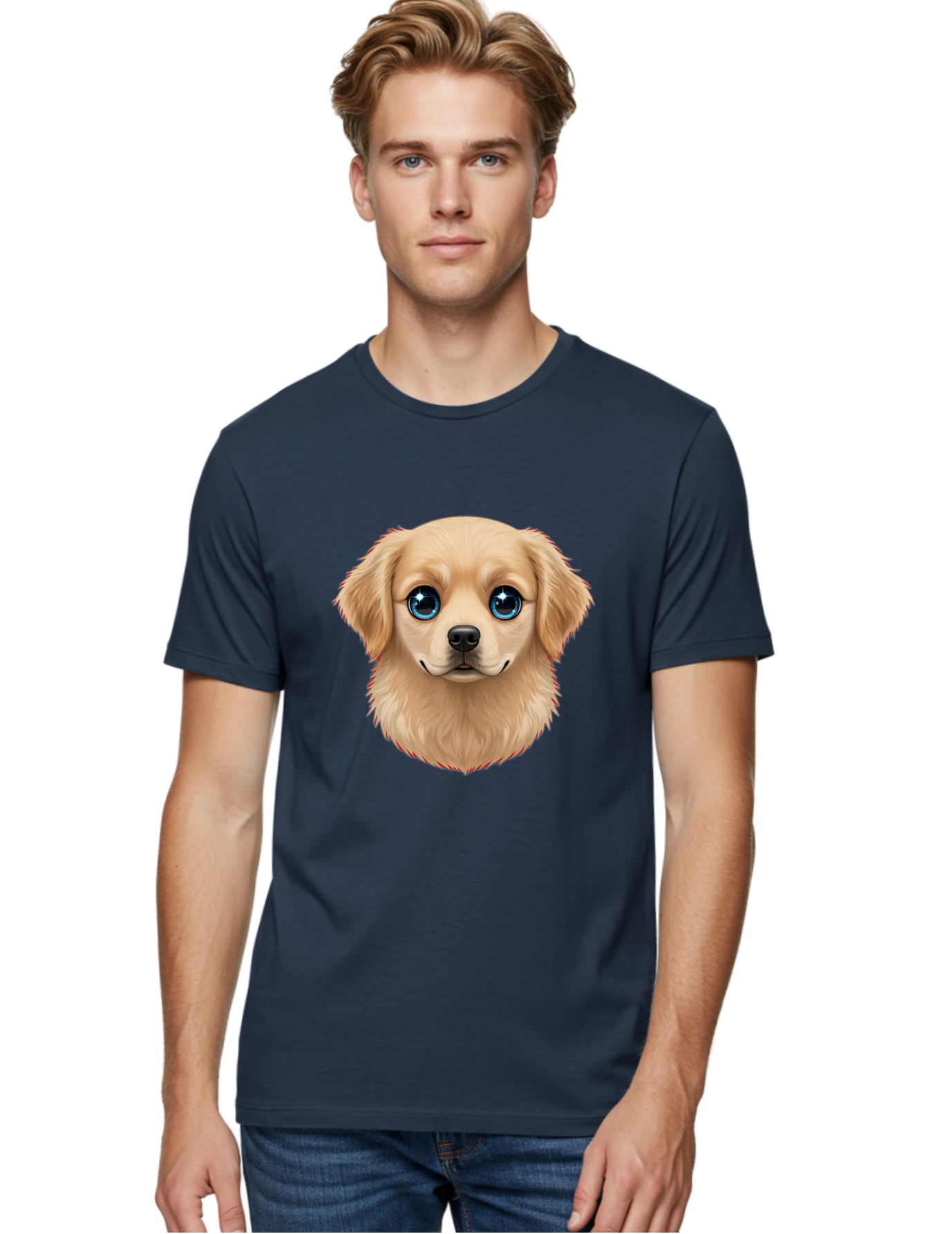 Puppy-Head Men'S Graphic Tee, 100% Cotton, Comfortable Casual Summer Wear, Machine Washable, Adorable Puppy, Cute Dog Face, Big Blue Eyes, Fluffy Fur, Sweet Expression, Cartoon Dog, Digital Art, Puppy Love, Furry Friend Bac347