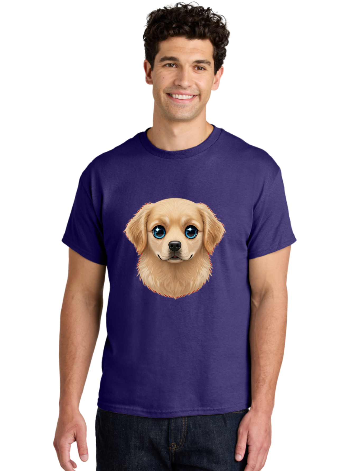 Puppy-Head Men'S Graphic Tee, 100% Cotton, Comfortable Casual Summer Wear, Machine Washable, Adorable Puppy, Cute Dog Face, Big Blue Eyes, Fluffy Fur, Sweet Expression, Cartoon Dog, Digital Art, Puppy Love, Furry Friend Bac347