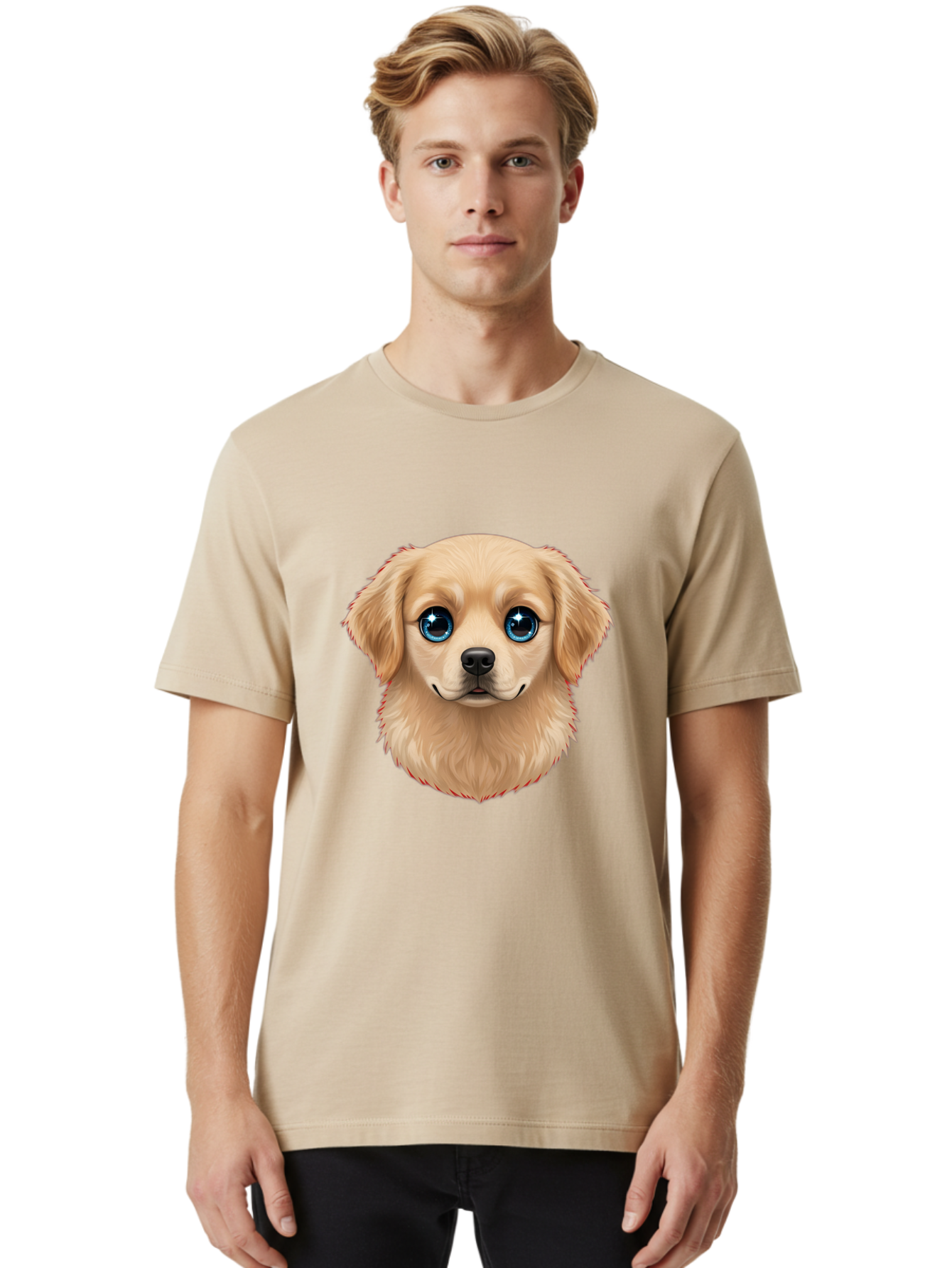 Puppy-Head Men'S Graphic Tee, 100% Cotton, Comfortable Casual Summer Wear, Machine Washable, Adorable Puppy, Cute Dog Face, Big Blue Eyes, Fluffy Fur, Sweet Expression, Cartoon Dog, Digital Art, Puppy Love, Furry Friend Bac347