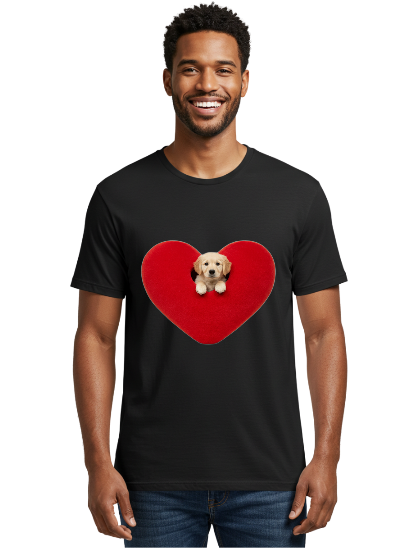 Puppy-In-Heart Men'S Graphic Tee, 100% Cotton, Comfortable Casual Summer Wear, Machine Washable, Adorable Puppy, Golden Retriever, Cute Dog, Heart Shape, Love Symbol, Heartwarming Scene, Playful Pup, Furry Friend, Heart Cutout Bac348