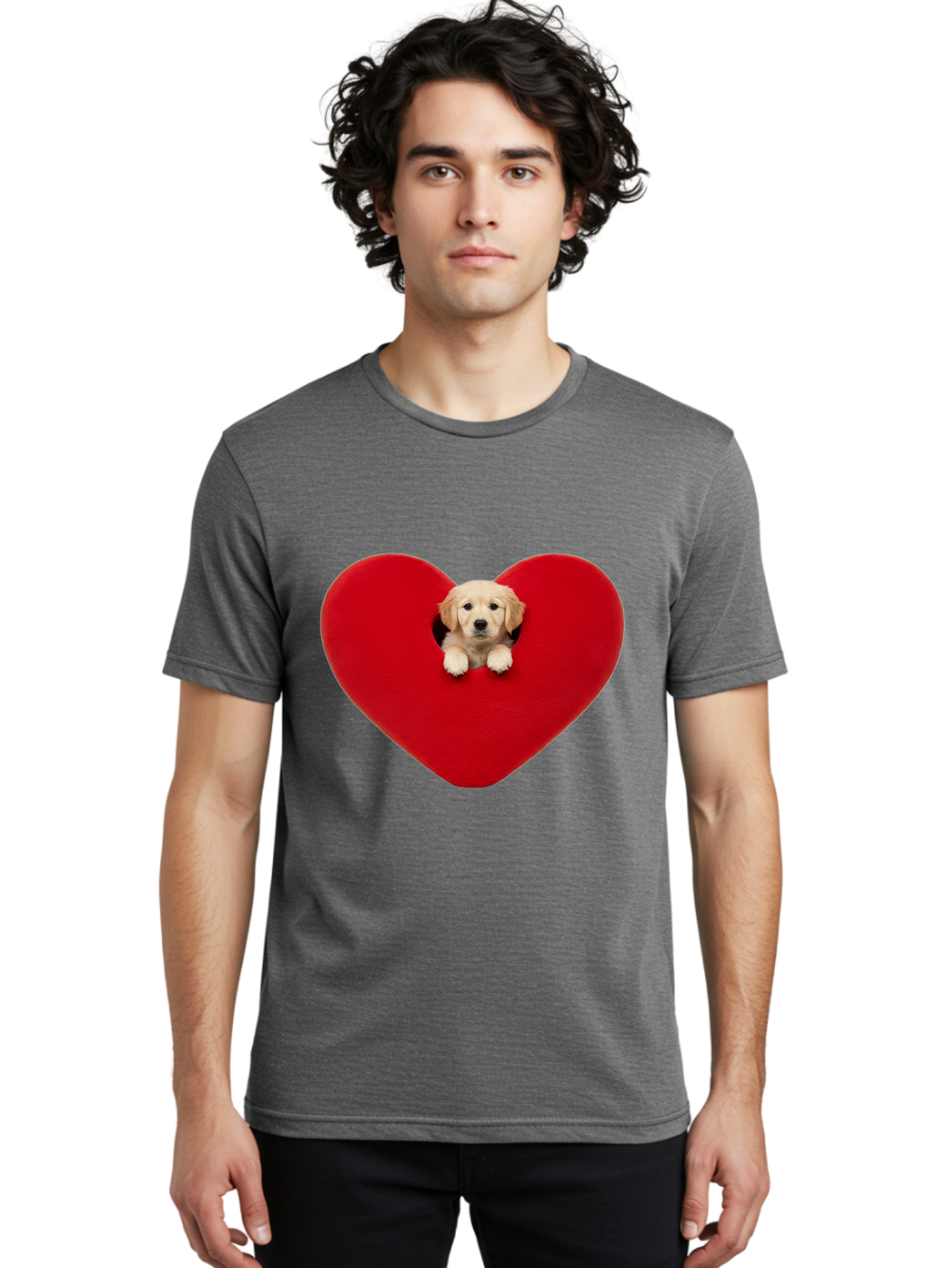 Puppy-In-Heart Men'S Graphic Tee, 100% Cotton, Comfortable Casual Summer Wear, Machine Washable, Adorable Puppy, Golden Retriever, Cute Dog, Heart Shape, Love Symbol, Heartwarming Scene, Playful Pup, Furry Friend, Heart Cutout Bac348