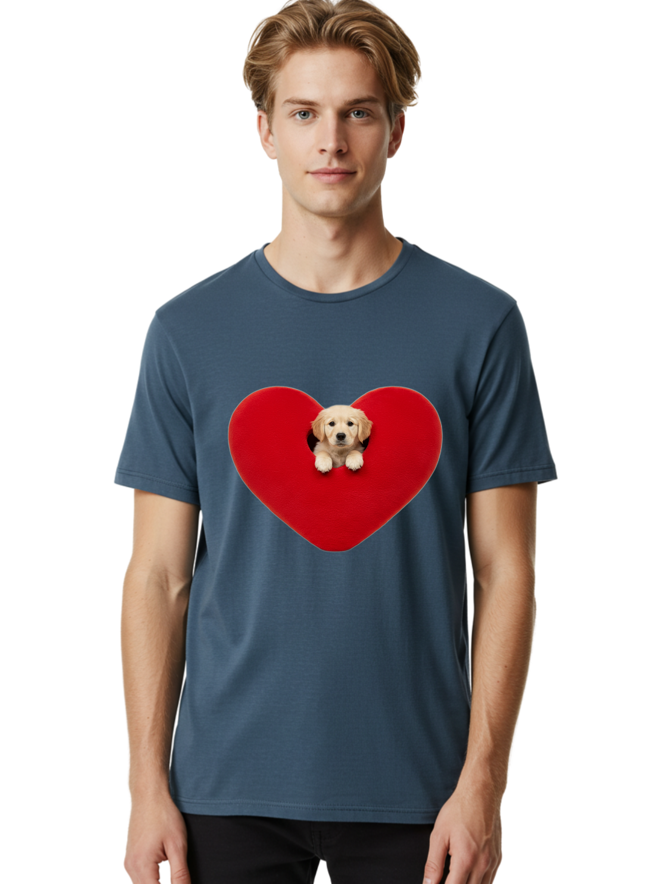 Puppy-In-Heart Men'S Graphic Tee, 100% Cotton, Comfortable Casual Summer Wear, Machine Washable, Adorable Puppy, Golden Retriever, Cute Dog, Heart Shape, Love Symbol, Heartwarming Scene, Playful Pup, Furry Friend, Heart Cutout Bac348