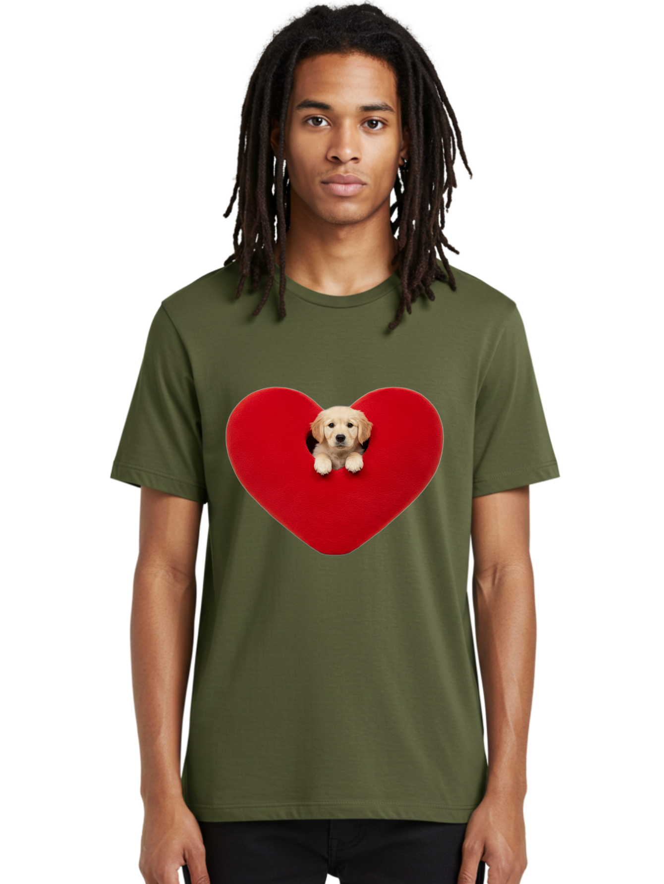 Puppy-In-Heart Men'S Graphic Tee, 100% Cotton, Comfortable Casual Summer Wear, Machine Washable, Adorable Puppy, Golden Retriever, Cute Dog, Heart Shape, Love Symbol, Heartwarming Scene, Playful Pup, Furry Friend, Heart Cutout Bac348