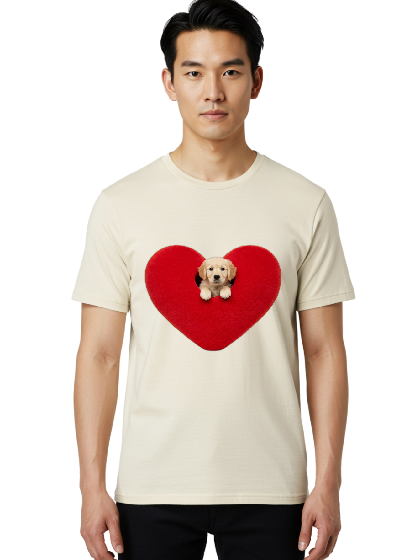 Puppy-In-Heart Men'S Graphic Tee, 100% Cotton, Comfortable Casual Summer Wear, Machine Washable, Adorable Puppy, Golden Retriever, Cute Dog, Heart Shape, Love Symbol, Heartwarming Scene, Playful Pup, Furry Friend, Heart Cutout Bac348