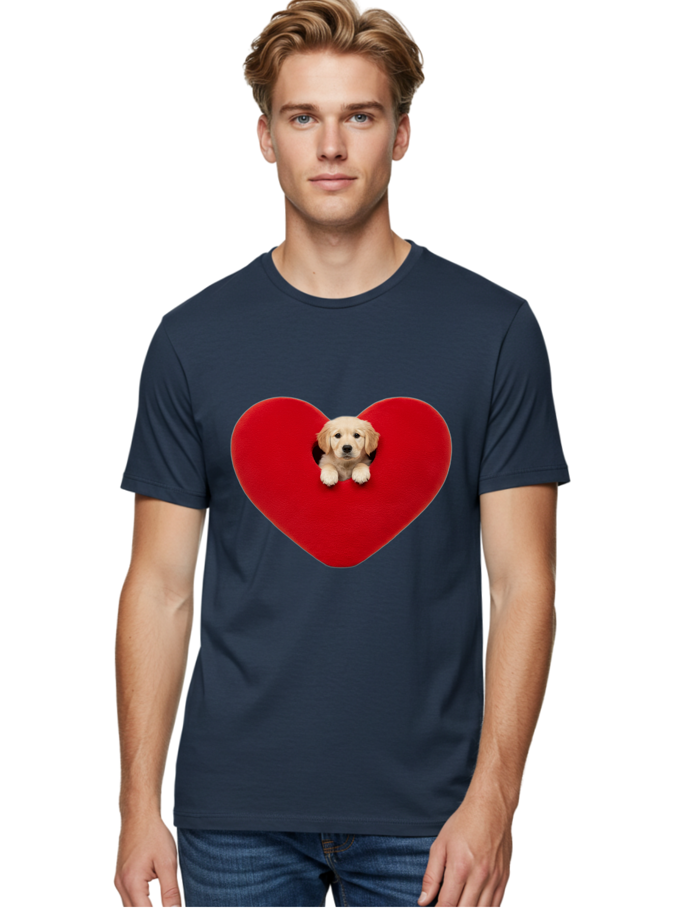 Puppy-In-Heart Men'S Graphic Tee, 100% Cotton, Comfortable Casual Summer Wear, Machine Washable, Adorable Puppy, Golden Retriever, Cute Dog, Heart Shape, Love Symbol, Heartwarming Scene, Playful Pup, Furry Friend, Heart Cutout Bac348