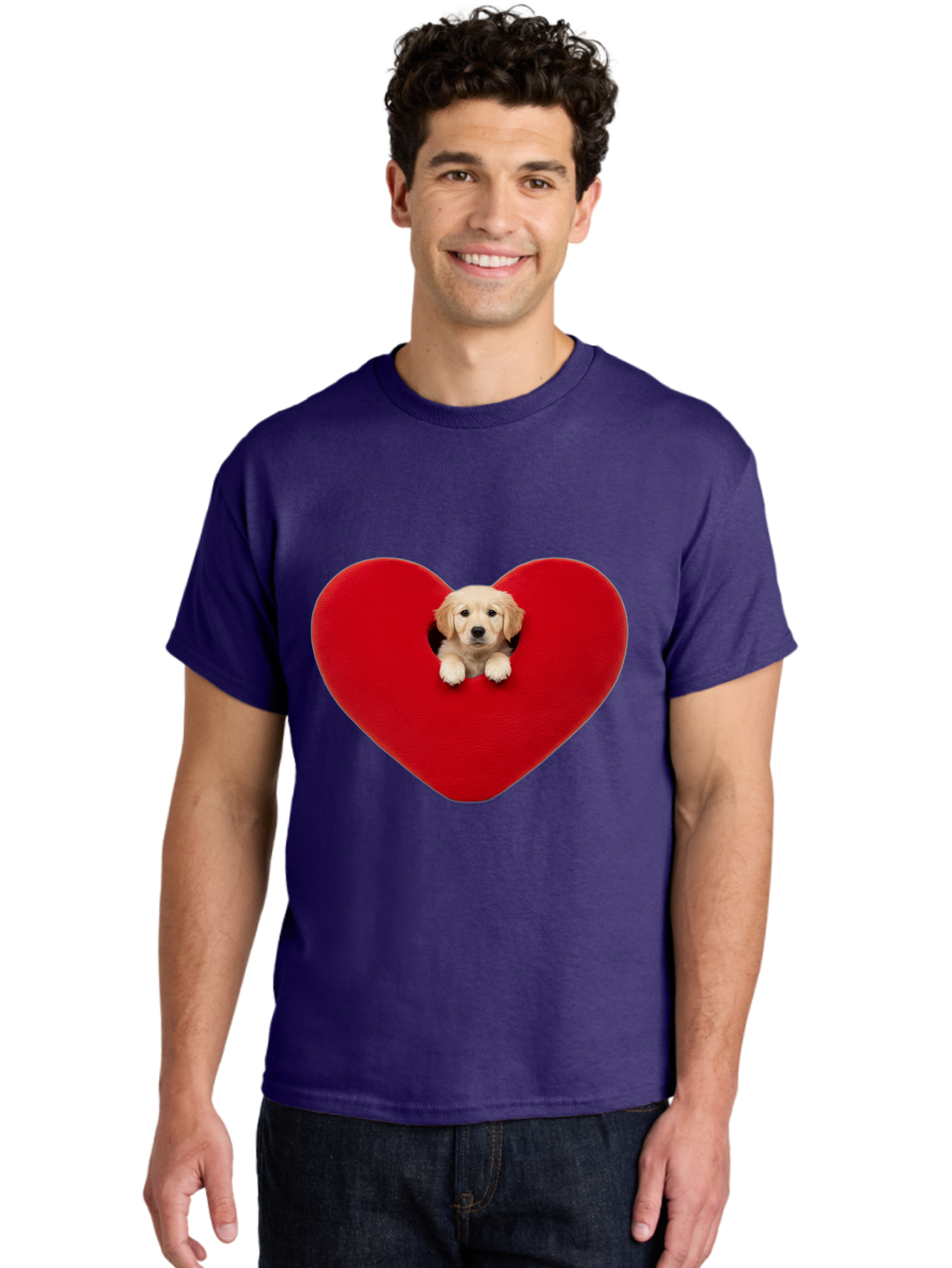 Puppy-In-Heart Men'S Graphic Tee, 100% Cotton, Comfortable Casual Summer Wear, Machine Washable, Adorable Puppy, Golden Retriever, Cute Dog, Heart Shape, Love Symbol, Heartwarming Scene, Playful Pup, Furry Friend, Heart Cutout Bac348