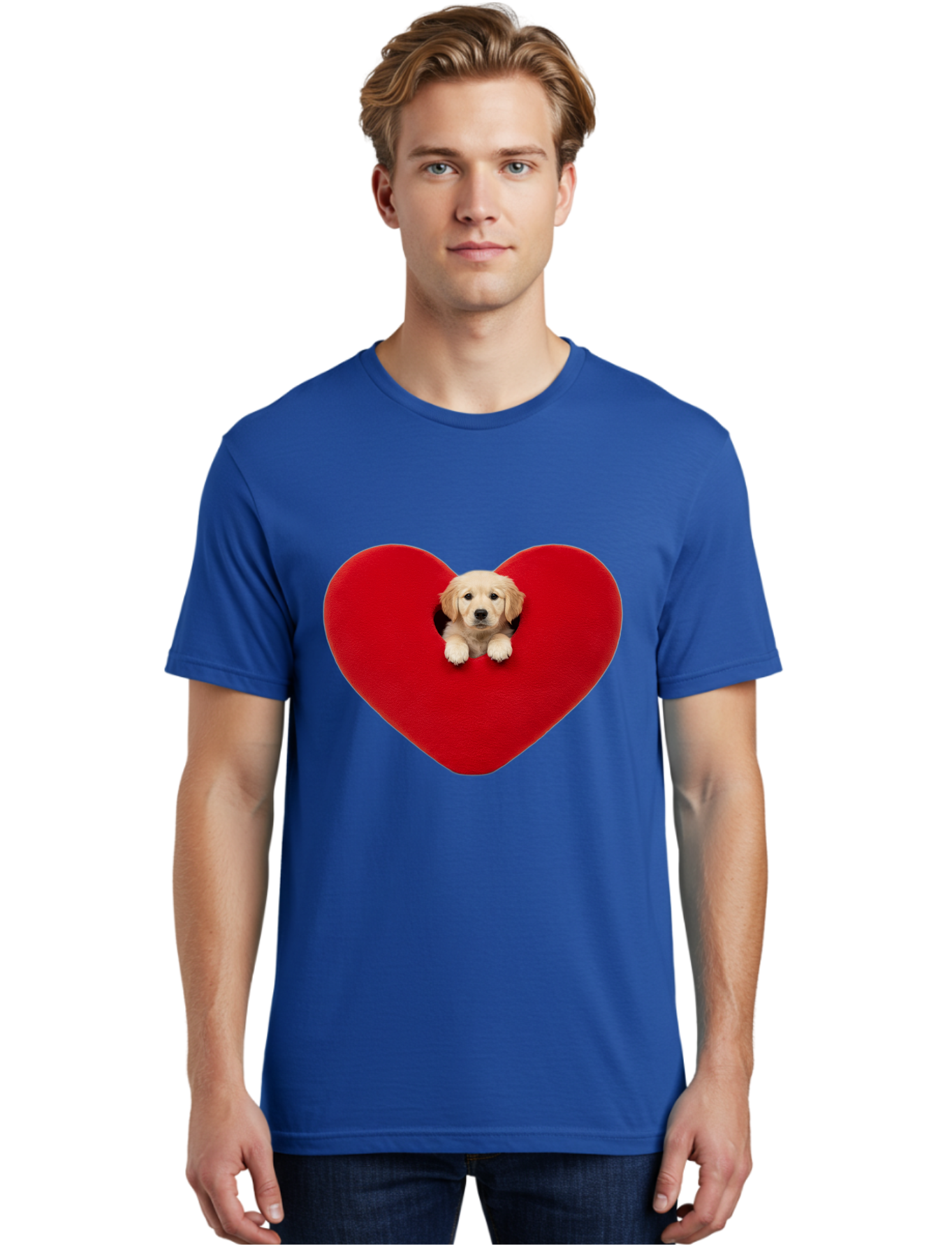 Puppy-In-Heart Men'S Graphic Tee, 100% Cotton, Comfortable Casual Summer Wear, Machine Washable, Adorable Puppy, Golden Retriever, Cute Dog, Heart Shape, Love Symbol, Heartwarming Scene, Playful Pup, Furry Friend, Heart Cutout Bac348