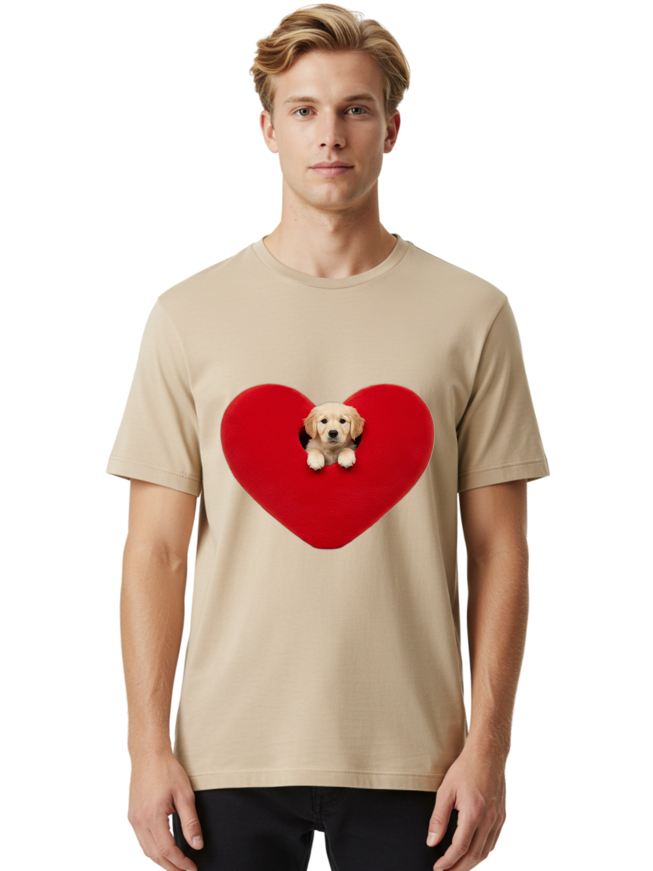 Puppy-In-Heart Men'S Graphic Tee, 100% Cotton, Comfortable Casual Summer Wear, Machine Washable, Adorable Puppy, Golden Retriever, Cute Dog, Heart Shape, Love Symbol, Heartwarming Scene, Playful Pup, Furry Friend, Heart Cutout Bac348