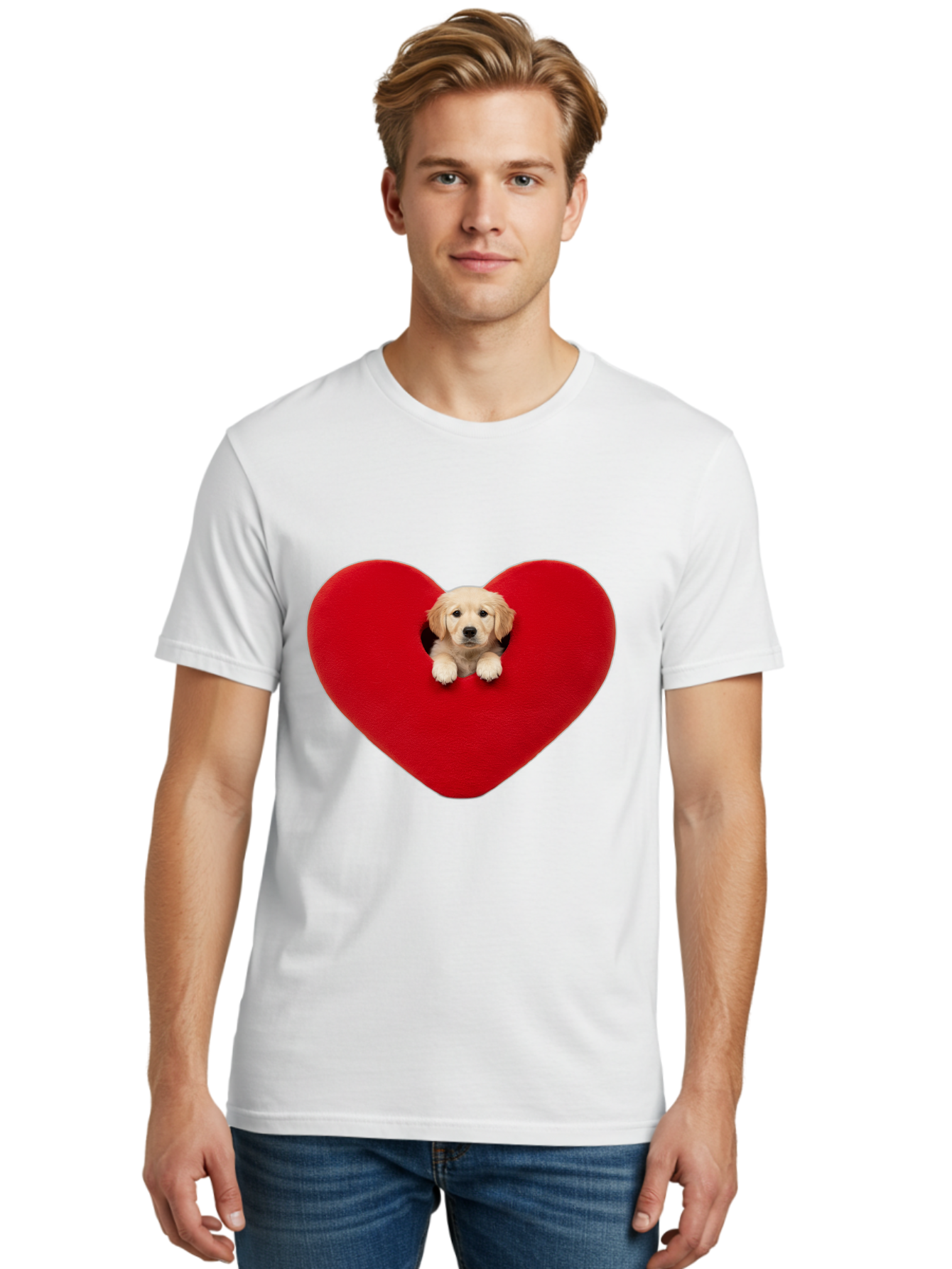 Puppy-In-Heart Men'S Graphic Tee, 100% Cotton, Comfortable Casual Summer Wear, Machine Washable, Adorable Puppy, Golden Retriever, Cute Dog, Heart Shape, Love Symbol, Heartwarming Scene, Playful Pup, Furry Friend, Heart Cutout Bac348