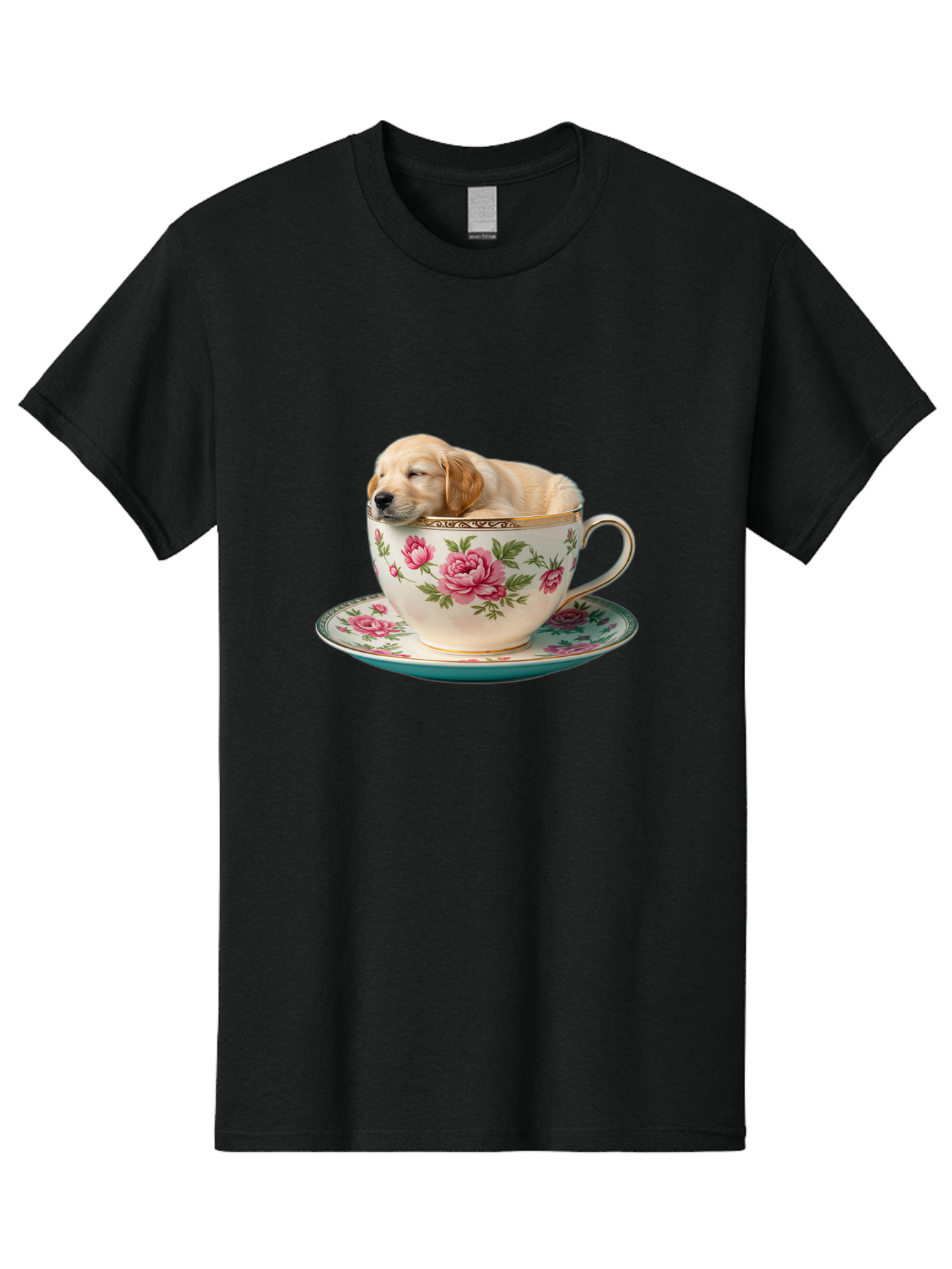 Puppy-In-Tea-Cup Men'S Graphic Tee, 100% Cotton, Comfortable Casual Summer Wear, Machine Washable, Sleeping Puppy, Adorable Puppy, Golden Retriever, Teacup, Floral Pattern, Pink Roses, Delicate China, Whimsical Scene, Cute Animals, Tea Time Bac349
