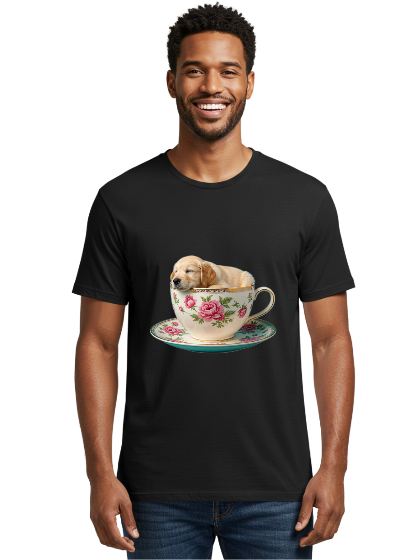 Puppy-In-Tea-Cup Men'S Graphic Tee, 100% Cotton, Comfortable Casual Summer Wear, Machine Washable, Sleeping Puppy, Adorable Puppy, Golden Retriever, Teacup, Floral Pattern, Pink Roses, Delicate China, Whimsical Scene, Cute Animals, Tea Time Bac349