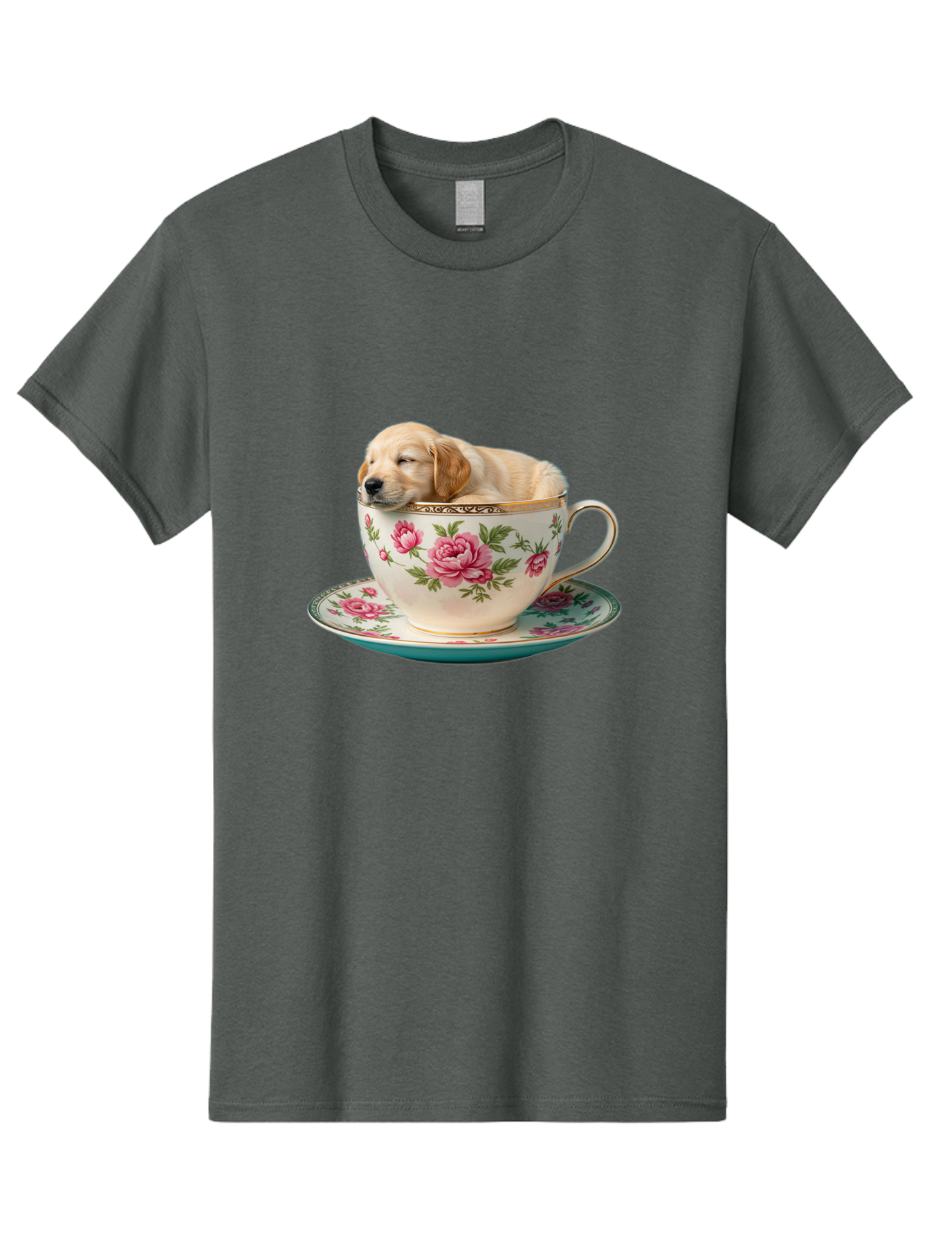 Puppy-In-Tea-Cup Men'S Graphic Tee, 100% Cotton, Comfortable Casual Summer Wear, Machine Washable, Sleeping Puppy, Adorable Puppy, Golden Retriever, Teacup, Floral Pattern, Pink Roses, Delicate China, Whimsical Scene, Cute Animals, Tea Time Bac349