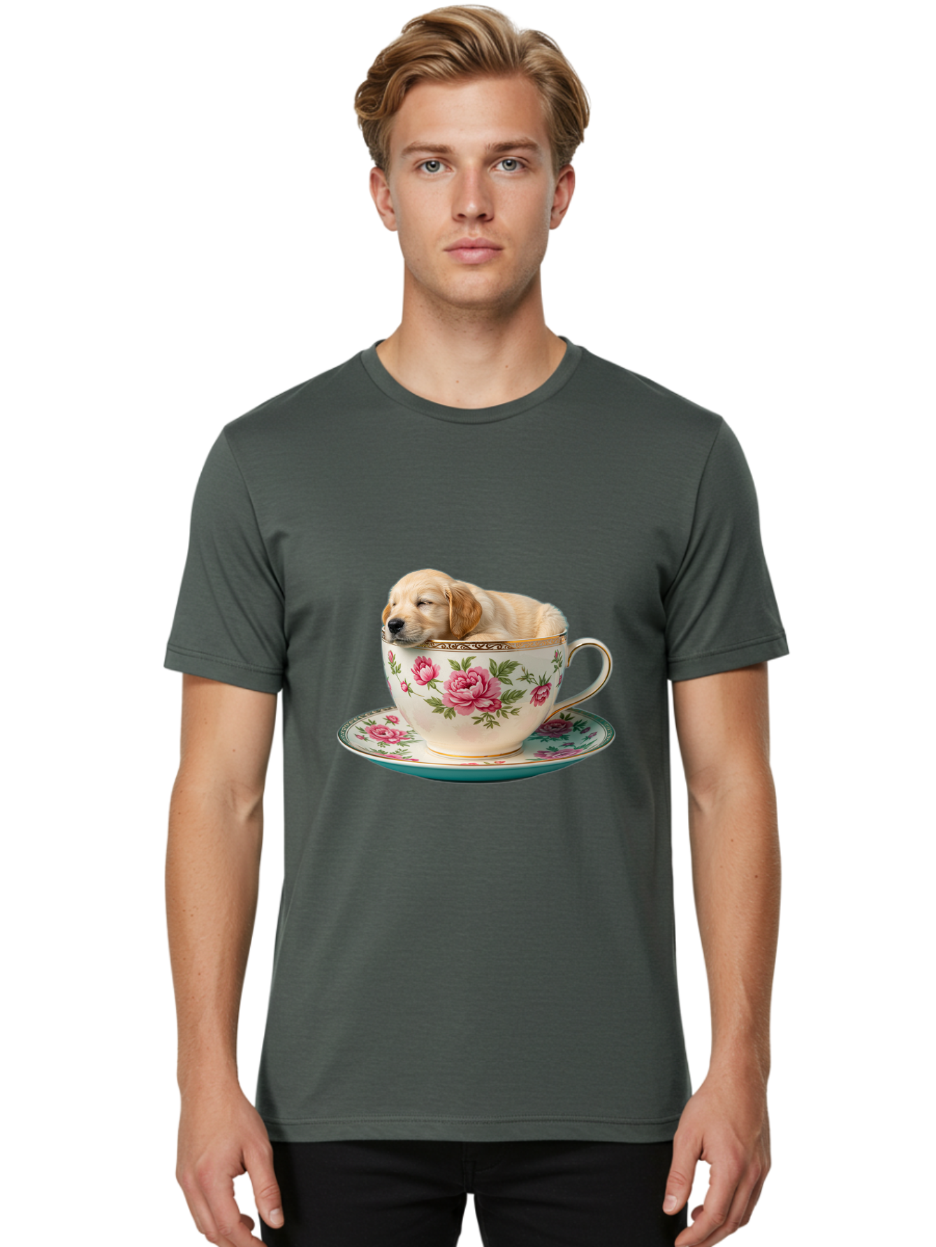 Puppy-In-Tea-Cup Men'S Graphic Tee, 100% Cotton, Comfortable Casual Summer Wear, Machine Washable, Sleeping Puppy, Adorable Puppy, Golden Retriever, Teacup, Floral Pattern, Pink Roses, Delicate China, Whimsical Scene, Cute Animals, Tea Time Bac349