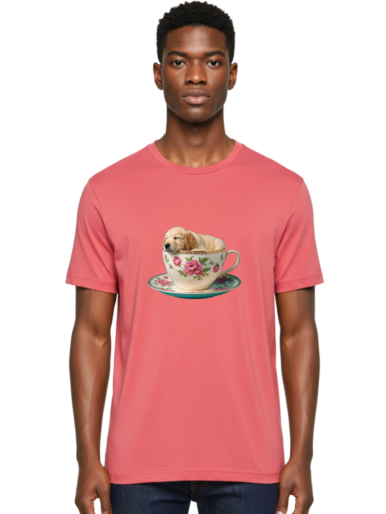 Puppy-In-Tea-Cup Men'S Graphic Tee, 100% Cotton, Comfortable Casual Summer Wear, Machine Washable, Sleeping Puppy, Adorable Puppy, Golden Retriever, Teacup, Floral Pattern, Pink Roses, Delicate China, Whimsical Scene, Cute Animals, Tea Time Bac349