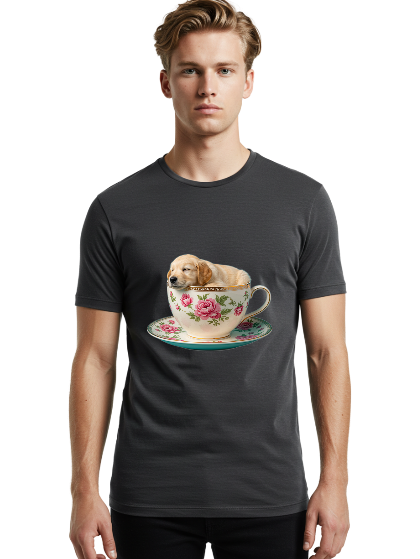 Puppy-In-Tea-Cup Men'S Graphic Tee, 100% Cotton, Comfortable Casual Summer Wear, Machine Washable, Sleeping Puppy, Adorable Puppy, Golden Retriever, Teacup, Floral Pattern, Pink Roses, Delicate China, Whimsical Scene, Cute Animals, Tea Time Bac349