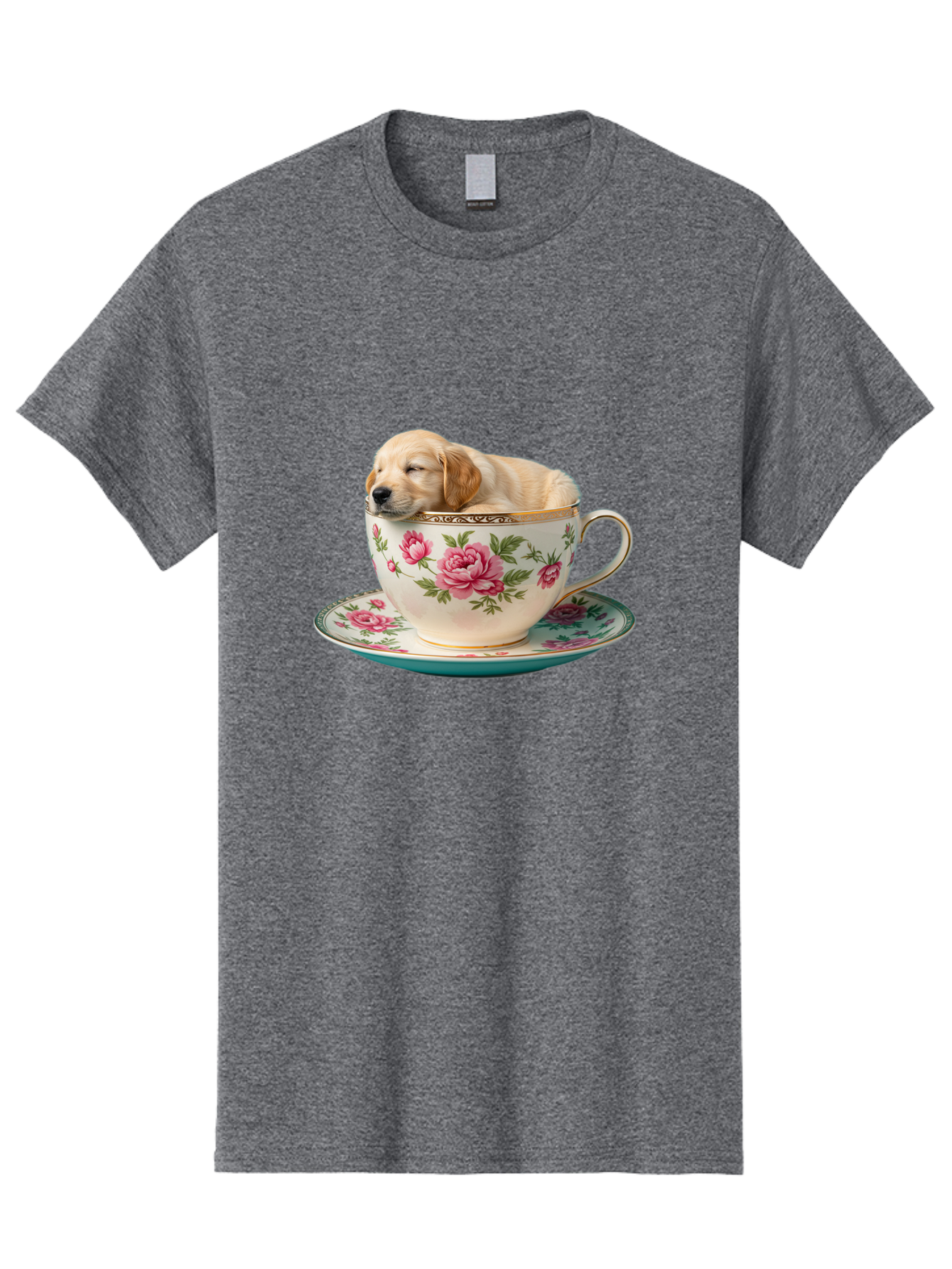 Puppy-In-Tea-Cup Men'S Graphic Tee, 100% Cotton, Comfortable Casual Summer Wear, Machine Washable, Sleeping Puppy, Adorable Puppy, Golden Retriever, Teacup, Floral Pattern, Pink Roses, Delicate China, Whimsical Scene, Cute Animals, Tea Time Bac349