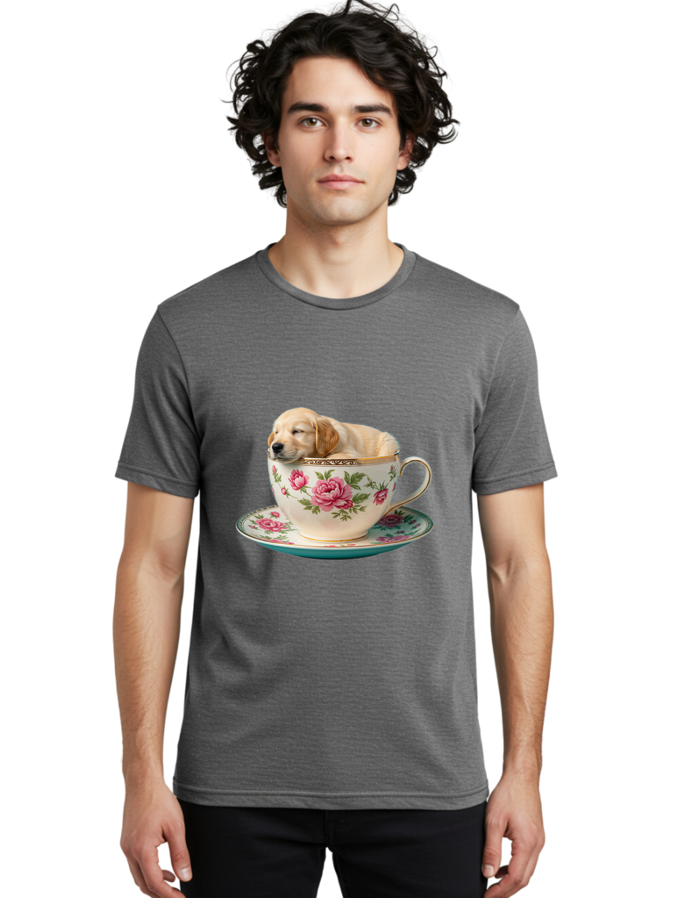 Puppy-In-Tea-Cup Men'S Graphic Tee, 100% Cotton, Comfortable Casual Summer Wear, Machine Washable, Sleeping Puppy, Adorable Puppy, Golden Retriever, Teacup, Floral Pattern, Pink Roses, Delicate China, Whimsical Scene, Cute Animals, Tea Time Bac349
