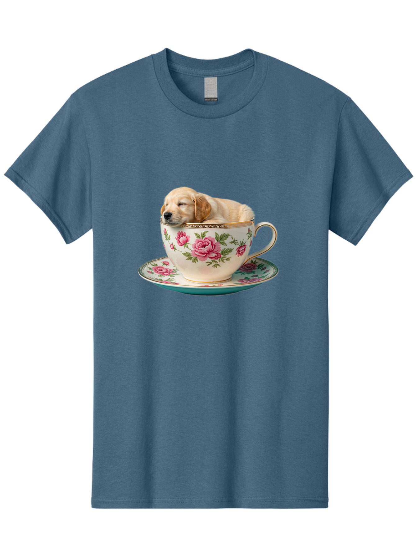 Puppy-In-Tea-Cup Men'S Graphic Tee, 100% Cotton, Comfortable Casual Summer Wear, Machine Washable, Sleeping Puppy, Adorable Puppy, Golden Retriever, Teacup, Floral Pattern, Pink Roses, Delicate China, Whimsical Scene, Cute Animals, Tea Time Bac349