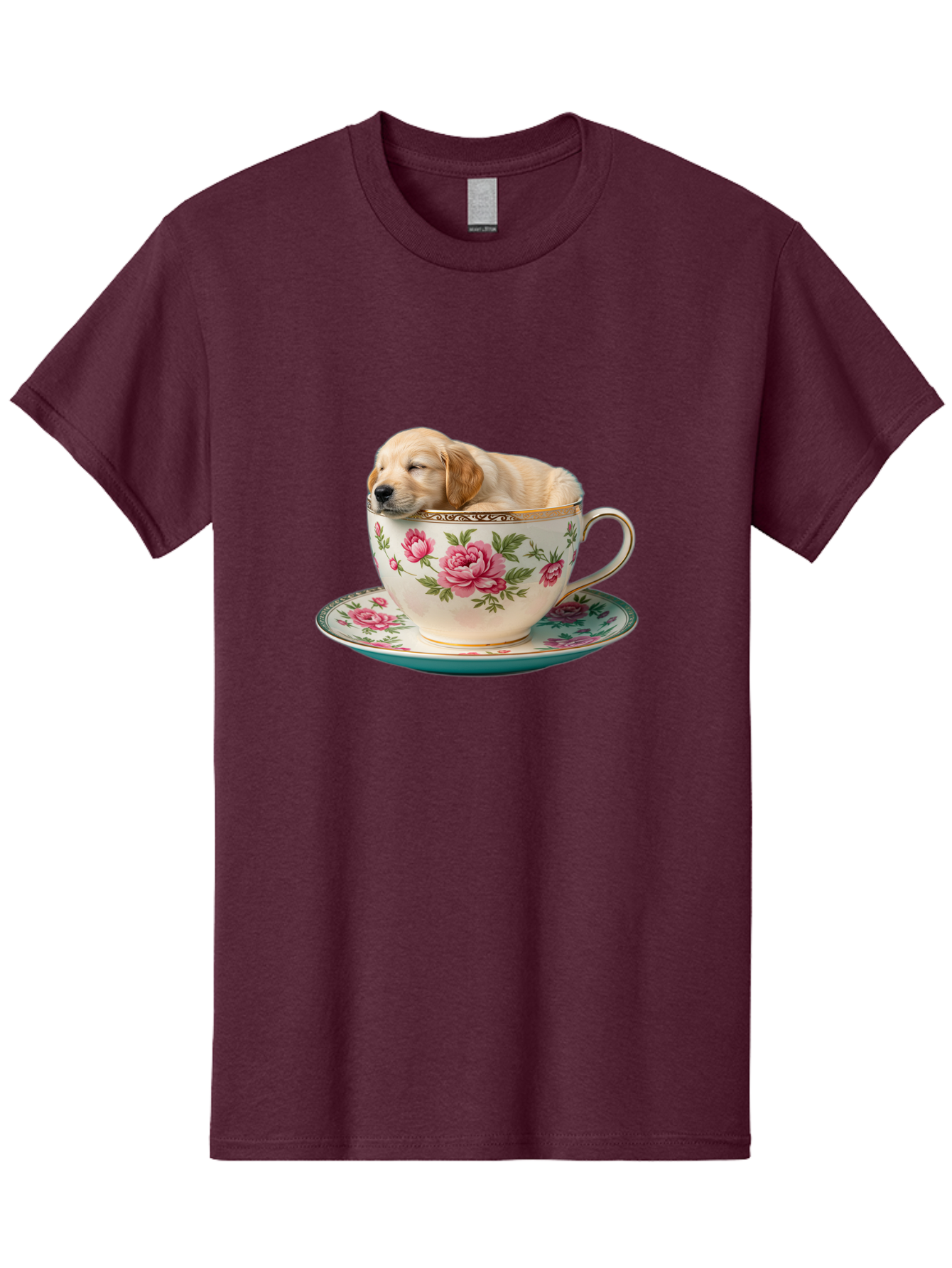 Puppy-In-Tea-Cup Men'S Graphic Tee, 100% Cotton, Comfortable Casual Summer Wear, Machine Washable, Sleeping Puppy, Adorable Puppy, Golden Retriever, Teacup, Floral Pattern, Pink Roses, Delicate China, Whimsical Scene, Cute Animals, Tea Time Bac349