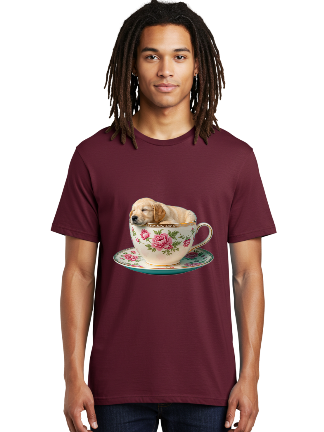 Puppy-In-Tea-Cup Men'S Graphic Tee, 100% Cotton, Comfortable Casual Summer Wear, Machine Washable, Sleeping Puppy, Adorable Puppy, Golden Retriever, Teacup, Floral Pattern, Pink Roses, Delicate China, Whimsical Scene, Cute Animals, Tea Time Bac349