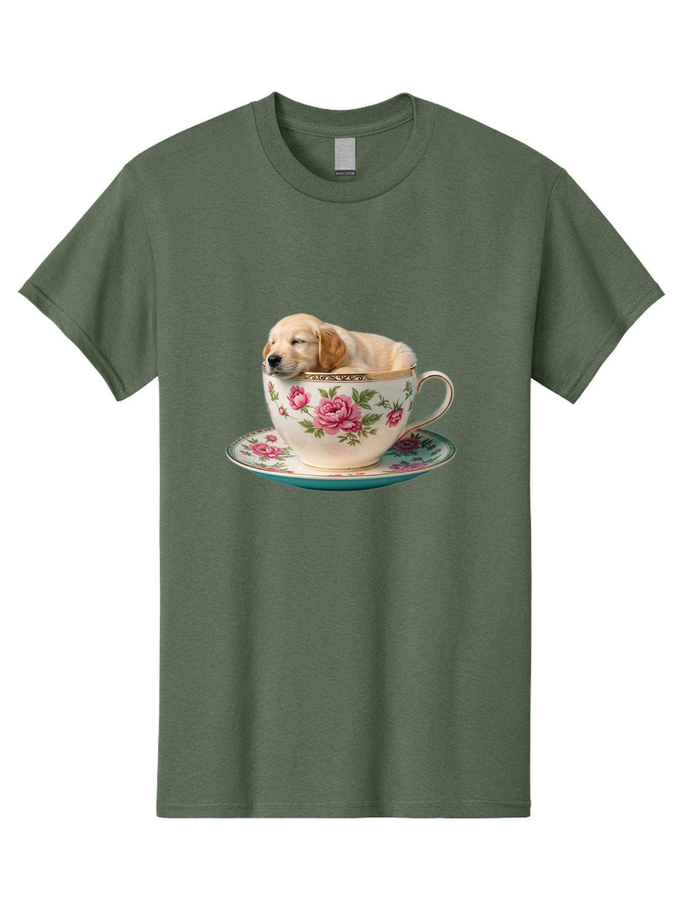 Puppy-In-Tea-Cup Men'S Graphic Tee, 100% Cotton, Comfortable Casual Summer Wear, Machine Washable, Sleeping Puppy, Adorable Puppy, Golden Retriever, Teacup, Floral Pattern, Pink Roses, Delicate China, Whimsical Scene, Cute Animals, Tea Time Bac349