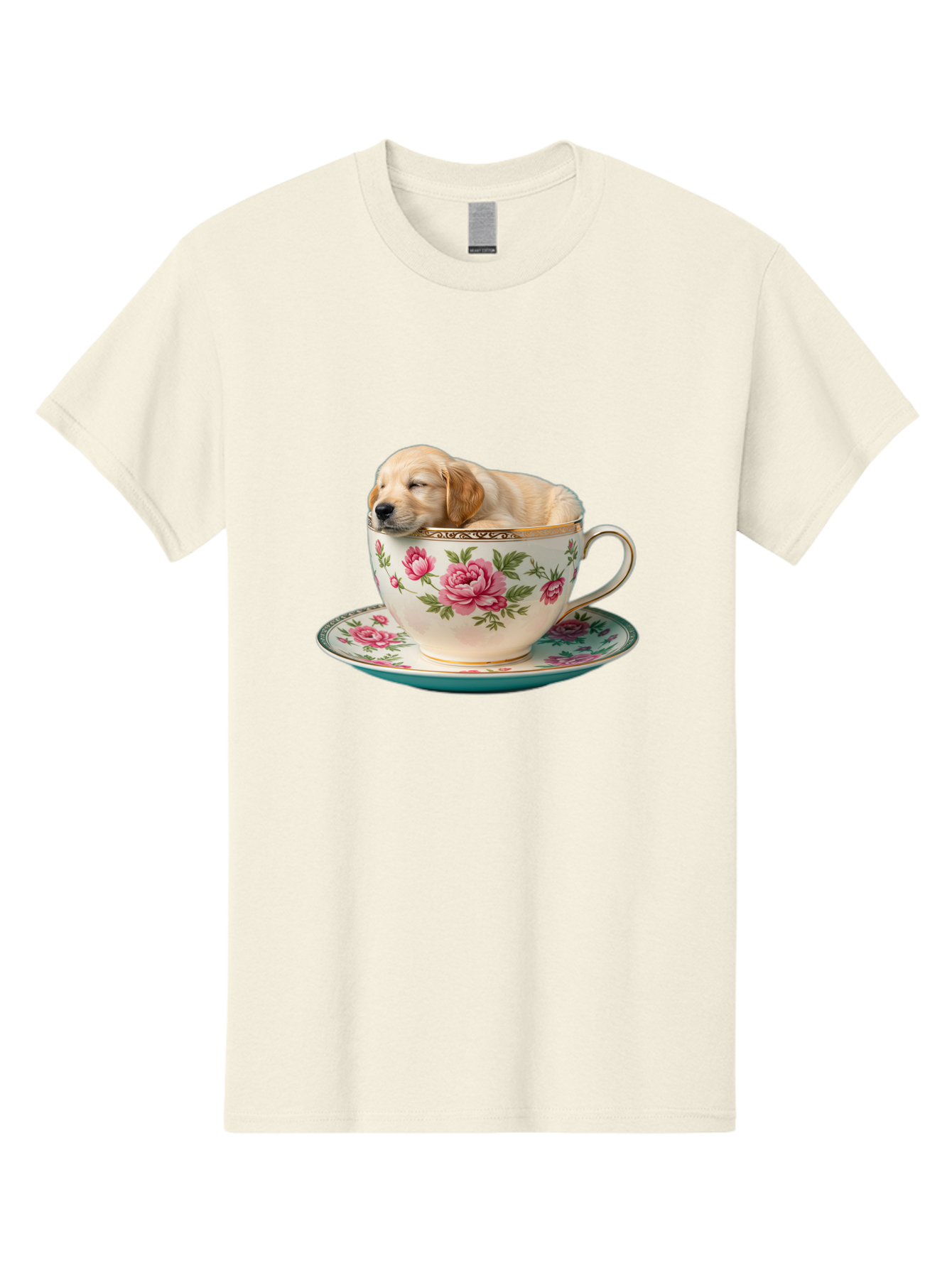 Puppy-In-Tea-Cup Men'S Graphic Tee, 100% Cotton, Comfortable Casual Summer Wear, Machine Washable, Sleeping Puppy, Adorable Puppy, Golden Retriever, Teacup, Floral Pattern, Pink Roses, Delicate China, Whimsical Scene, Cute Animals, Tea Time Bac349