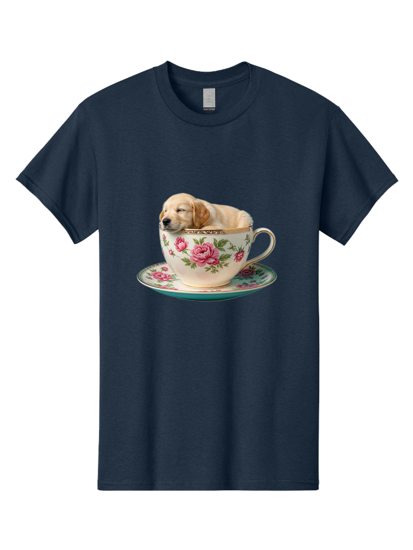 Puppy-In-Tea-Cup Men'S Graphic Tee, 100% Cotton, Comfortable Casual Summer Wear, Machine Washable, Sleeping Puppy, Adorable Puppy, Golden Retriever, Teacup, Floral Pattern, Pink Roses, Delicate China, Whimsical Scene, Cute Animals, Tea Time Bac349