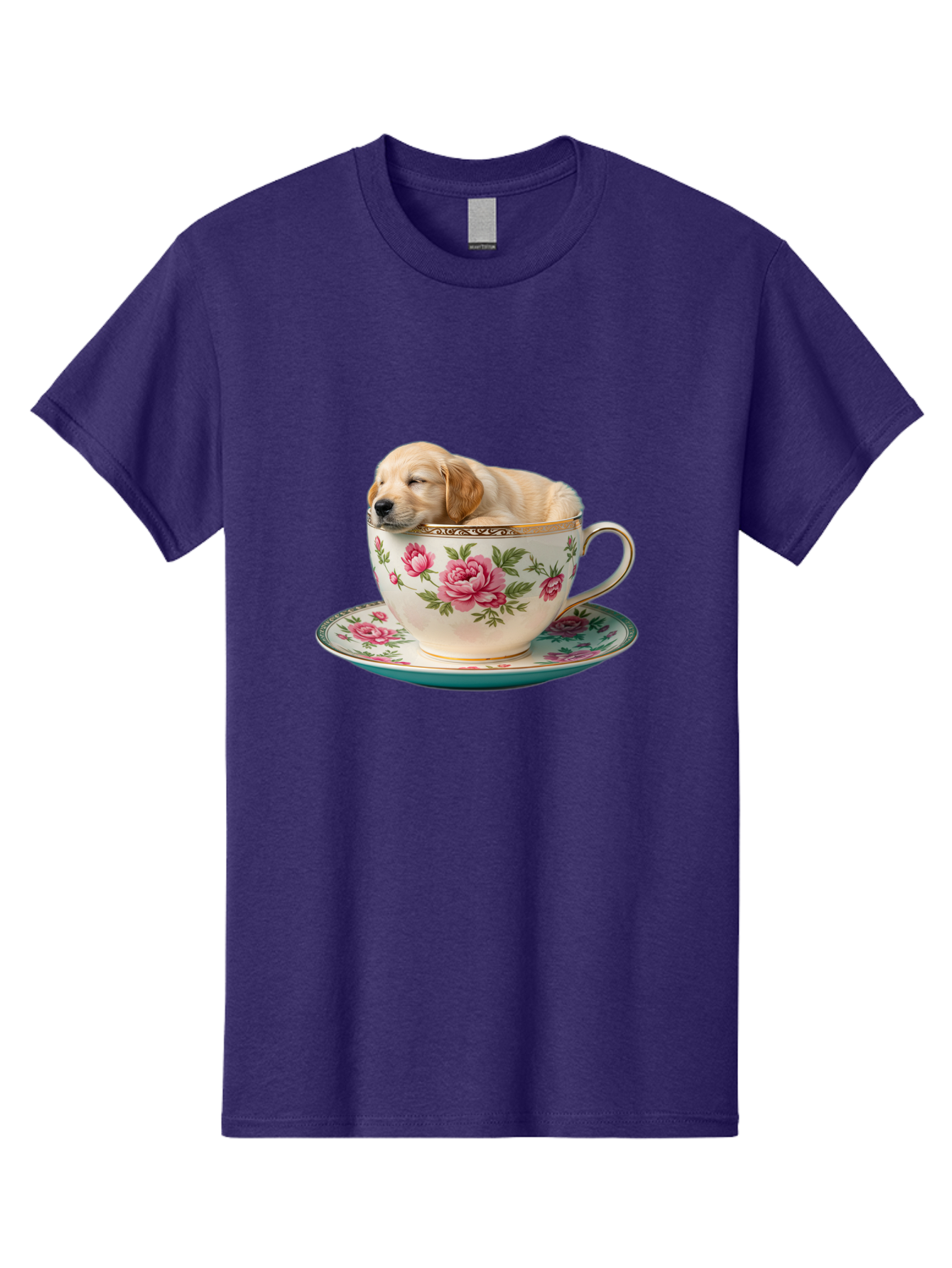 Puppy-In-Tea-Cup Men'S Graphic Tee, 100% Cotton, Comfortable Casual Summer Wear, Machine Washable, Sleeping Puppy, Adorable Puppy, Golden Retriever, Teacup, Floral Pattern, Pink Roses, Delicate China, Whimsical Scene, Cute Animals, Tea Time Bac349