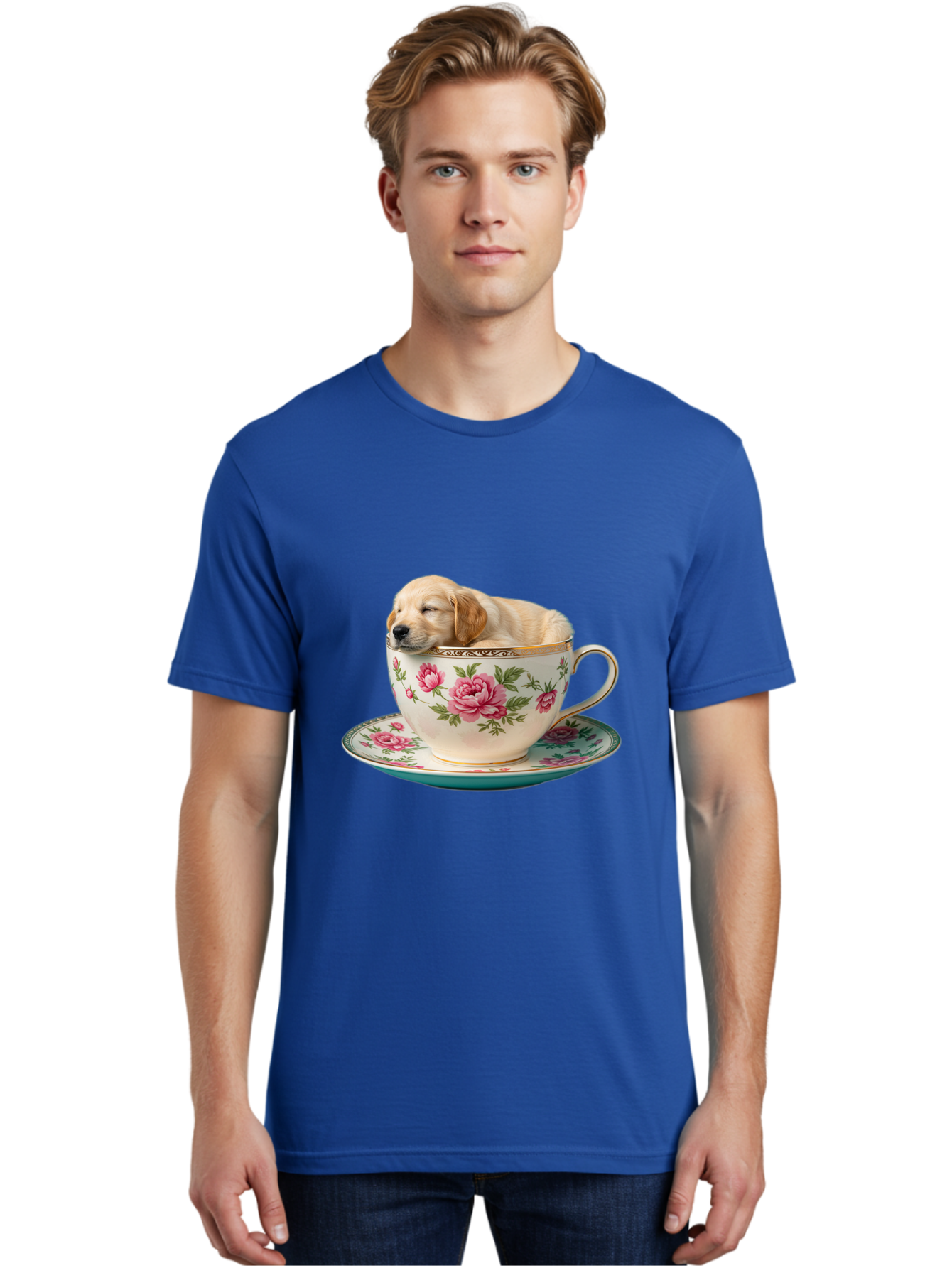 Puppy-In-Tea-Cup Men'S Graphic Tee, 100% Cotton, Comfortable Casual Summer Wear, Machine Washable, Sleeping Puppy, Adorable Puppy, Golden Retriever, Teacup, Floral Pattern, Pink Roses, Delicate China, Whimsical Scene, Cute Animals, Tea Time Bac349