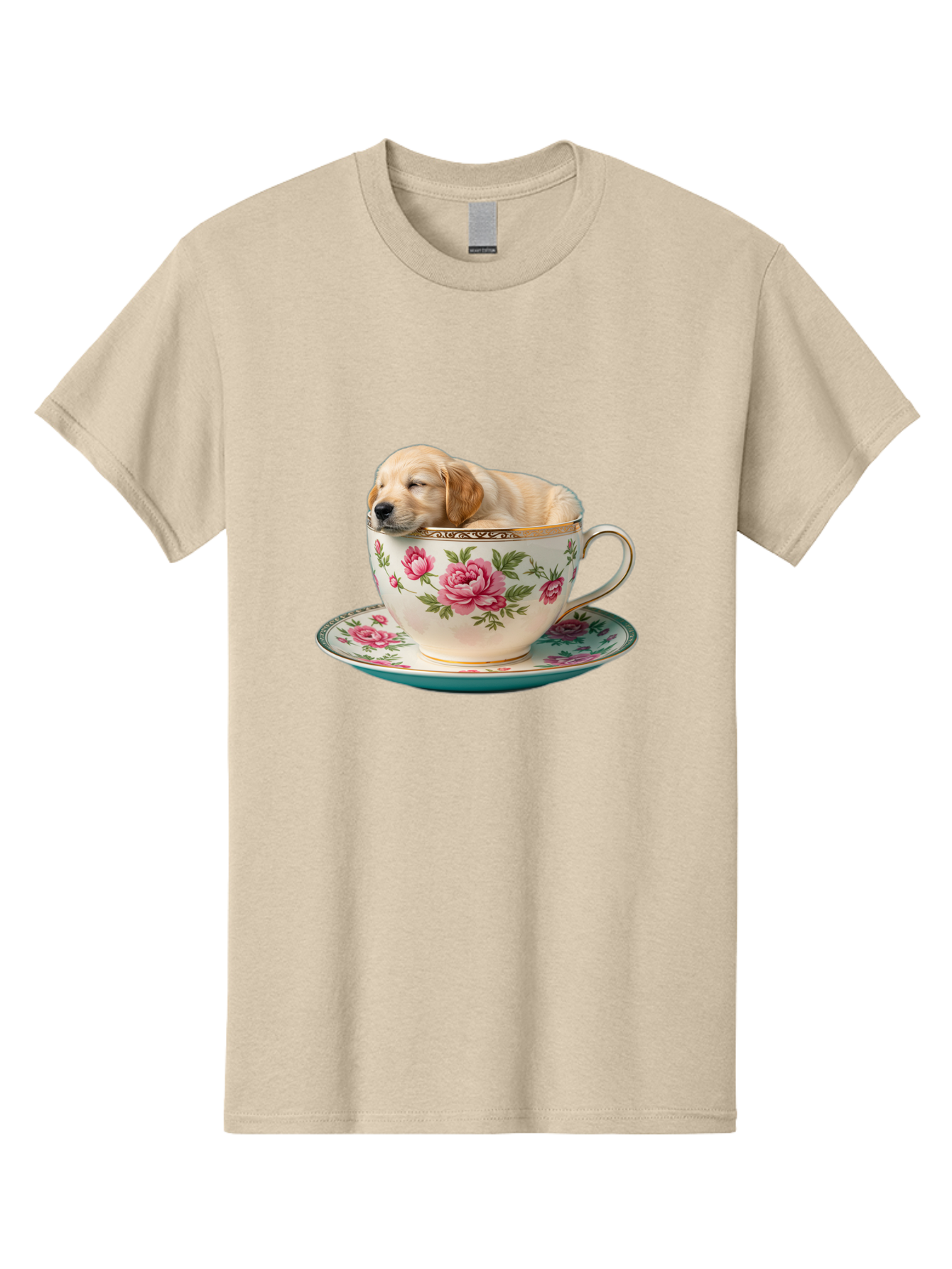 Puppy-In-Tea-Cup Men'S Graphic Tee, 100% Cotton, Comfortable Casual Summer Wear, Machine Washable, Sleeping Puppy, Adorable Puppy, Golden Retriever, Teacup, Floral Pattern, Pink Roses, Delicate China, Whimsical Scene, Cute Animals, Tea Time Bac349