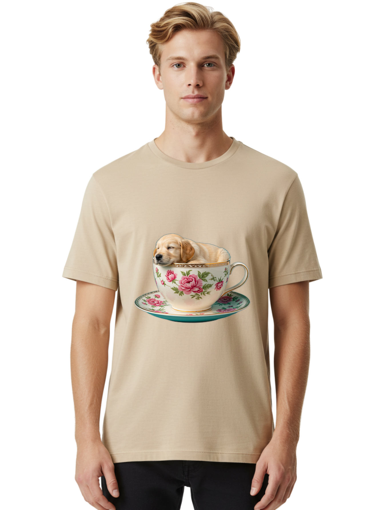 Puppy-In-Tea-Cup Men'S Graphic Tee, 100% Cotton, Comfortable Casual Summer Wear, Machine Washable, Sleeping Puppy, Adorable Puppy, Golden Retriever, Teacup, Floral Pattern, Pink Roses, Delicate China, Whimsical Scene, Cute Animals, Tea Time Bac349