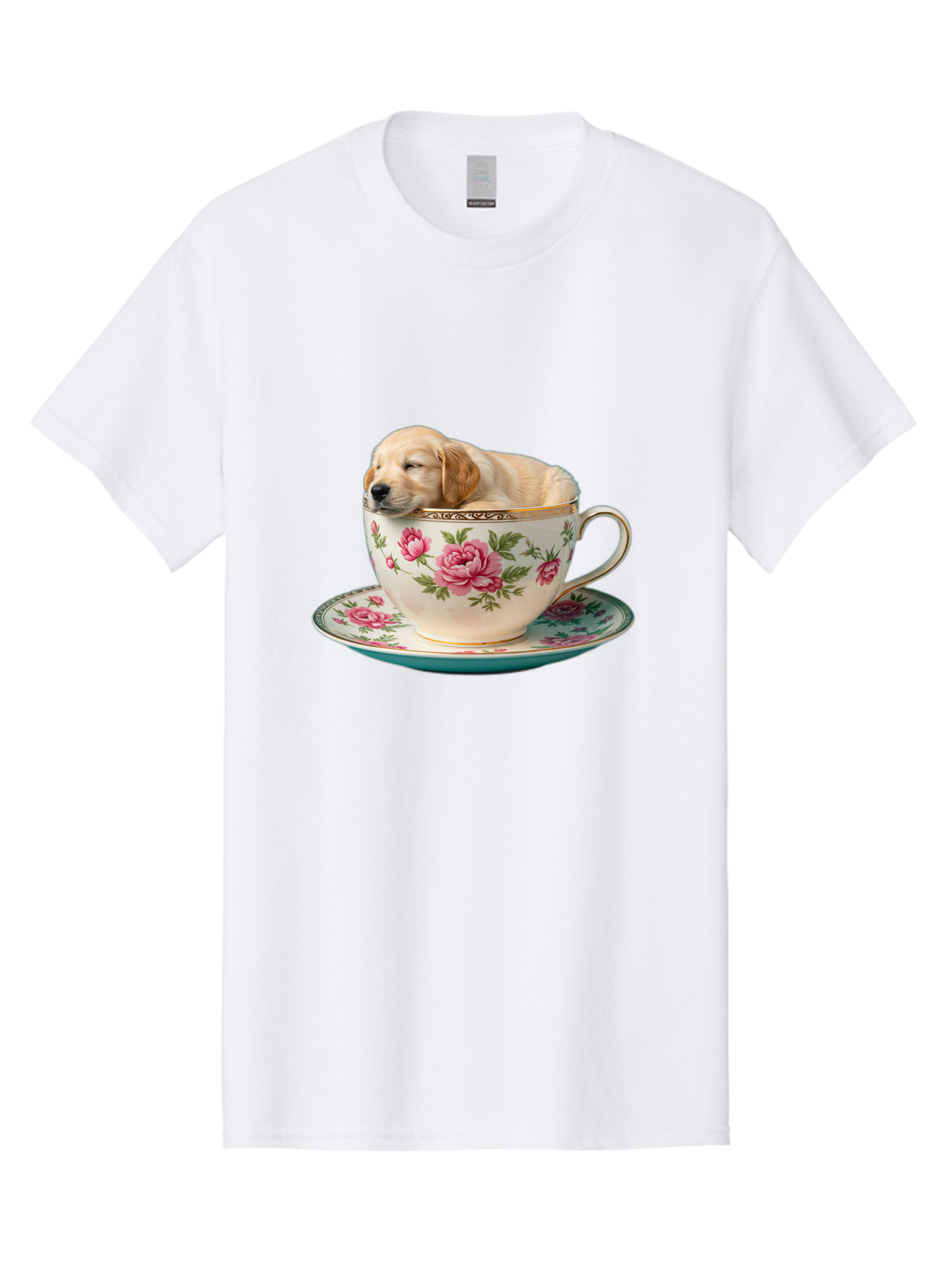 Puppy-In-Tea-Cup Men'S Graphic Tee, 100% Cotton, Comfortable Casual Summer Wear, Machine Washable, Sleeping Puppy, Adorable Puppy, Golden Retriever, Teacup, Floral Pattern, Pink Roses, Delicate China, Whimsical Scene, Cute Animals, Tea Time Bac349
