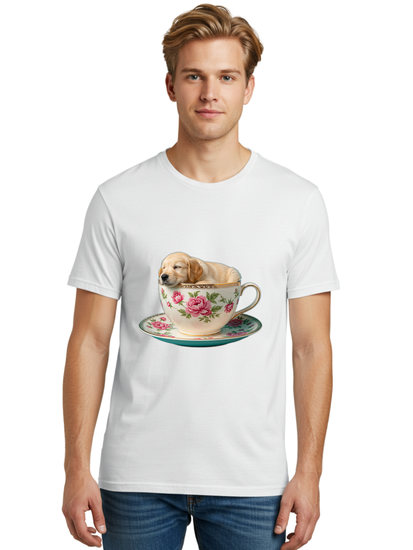 Puppy-In-Tea-Cup Men'S Graphic Tee, 100% Cotton, Comfortable Casual Summer Wear, Machine Washable, Sleeping Puppy, Adorable Puppy, Golden Retriever, Teacup, Floral Pattern, Pink Roses, Delicate China, Whimsical Scene, Cute Animals, Tea Time Bac349