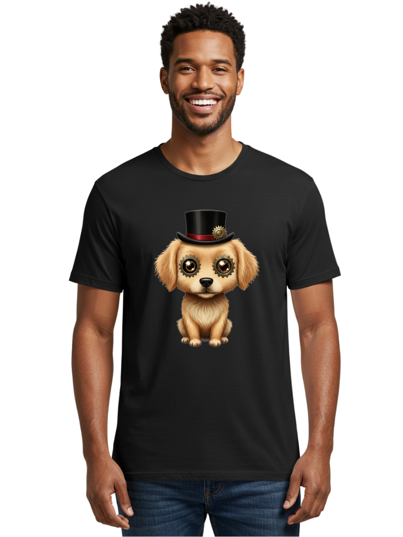 Puppy-In-Top-Hat Men'S Graphic Tee, 100% Cotton, Comfortable Casual Summer Wear, Machine Washable, Steampunk Dog, Puppy With Hat, Gear Eyes, Vintage Style, Unique Accessories, Fantasy Animal, Imaginative Design, Steampunk Art, Bac350