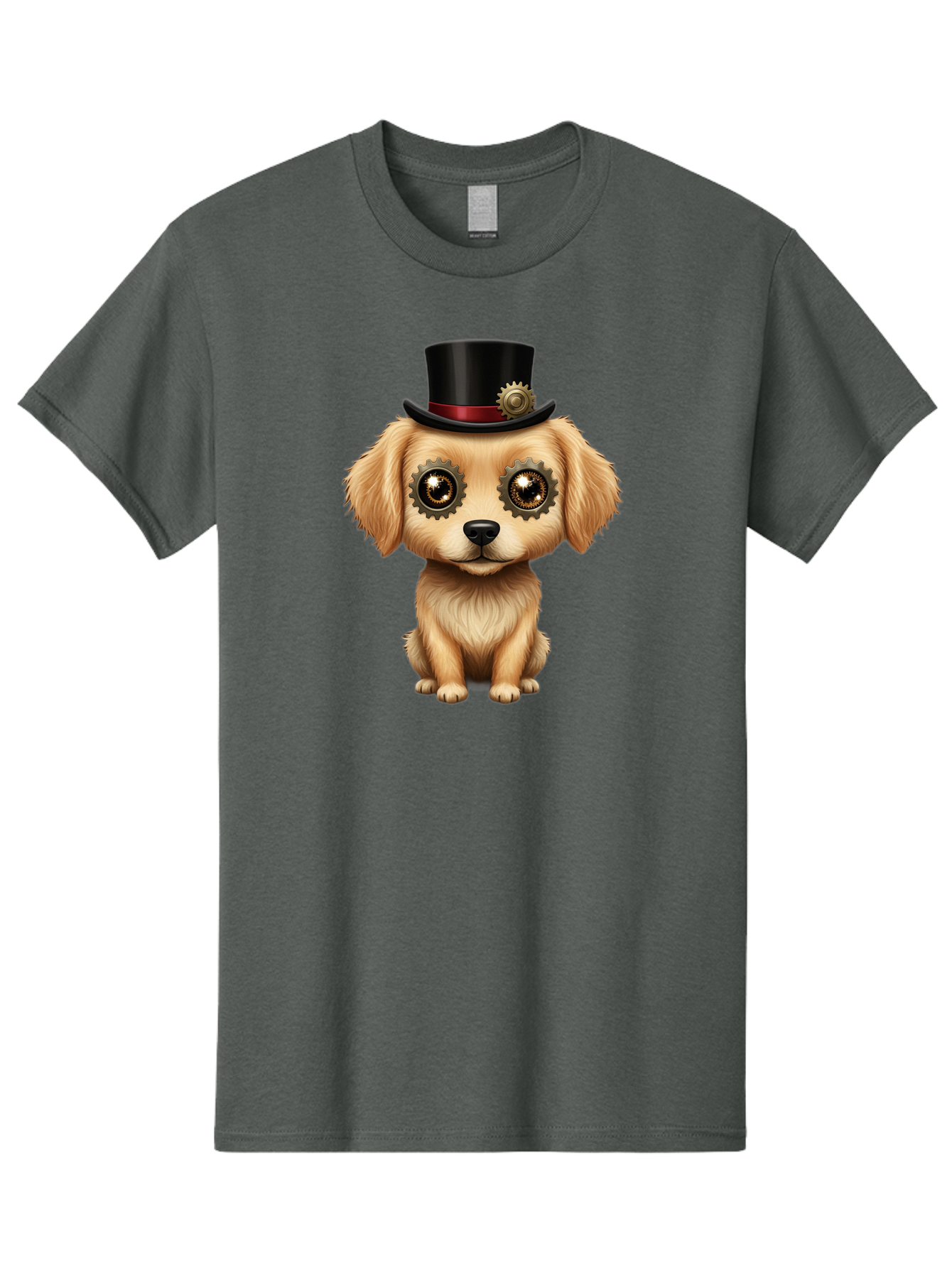 Puppy-In-Top-Hat Men'S Graphic Tee, 100% Cotton, Comfortable Casual Summer Wear, Machine Washable, Steampunk Dog, Puppy With Hat, Gear Eyes, Vintage Style, Unique Accessories, Fantasy Animal, Imaginative Design, Steampunk Art, Bac350