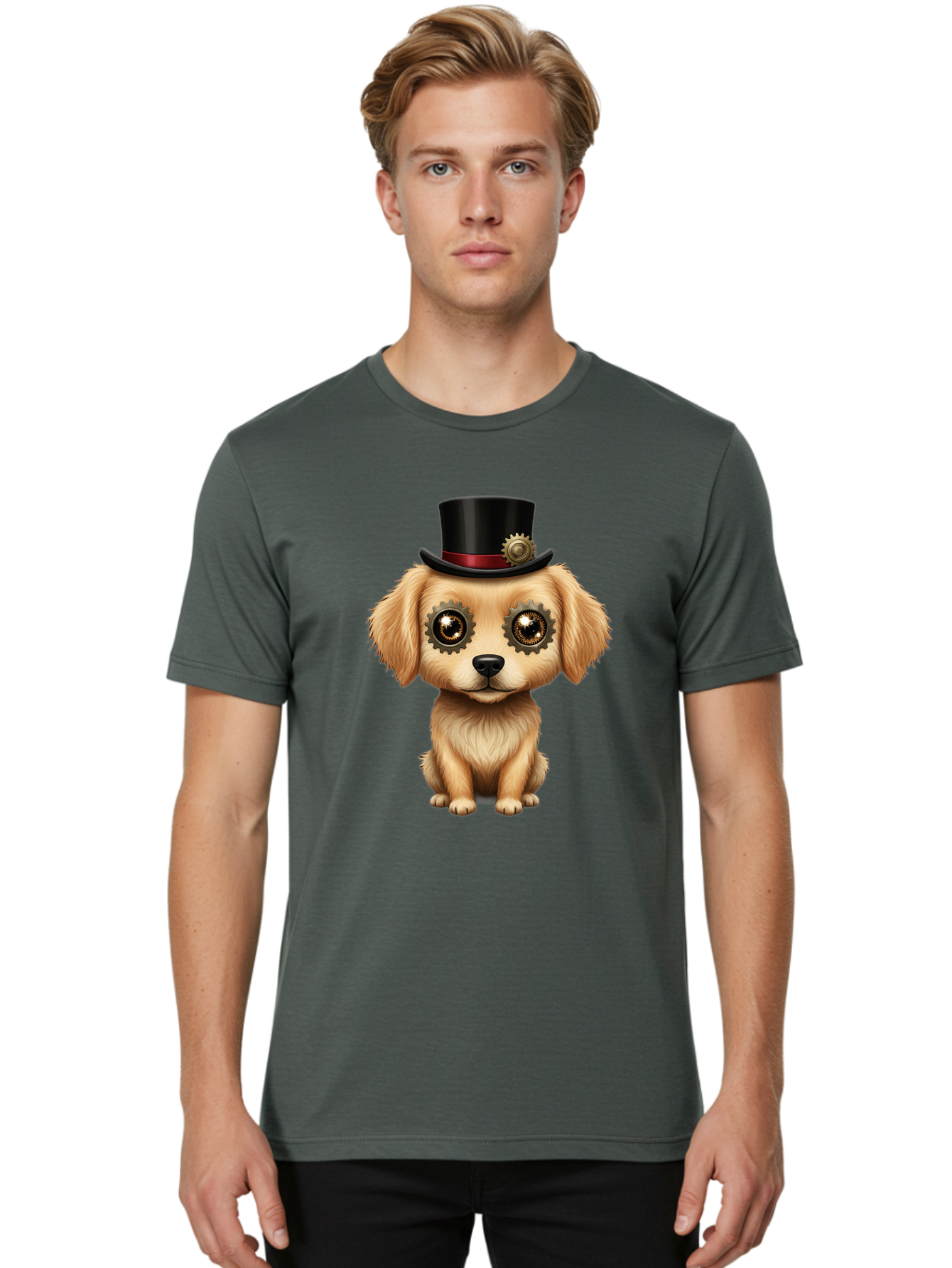 Puppy-In-Top-Hat Men'S Graphic Tee, 100% Cotton, Comfortable Casual Summer Wear, Machine Washable, Steampunk Dog, Puppy With Hat, Gear Eyes, Vintage Style, Unique Accessories, Fantasy Animal, Imaginative Design, Steampunk Art, Bac350
