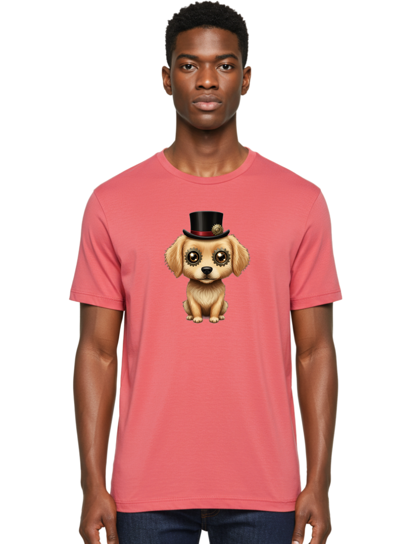 Puppy-In-Top-Hat Men'S Graphic Tee, 100% Cotton, Comfortable Casual Summer Wear, Machine Washable, Steampunk Dog, Puppy With Hat, Gear Eyes, Vintage Style, Unique Accessories, Fantasy Animal, Imaginative Design, Steampunk Art, Bac350