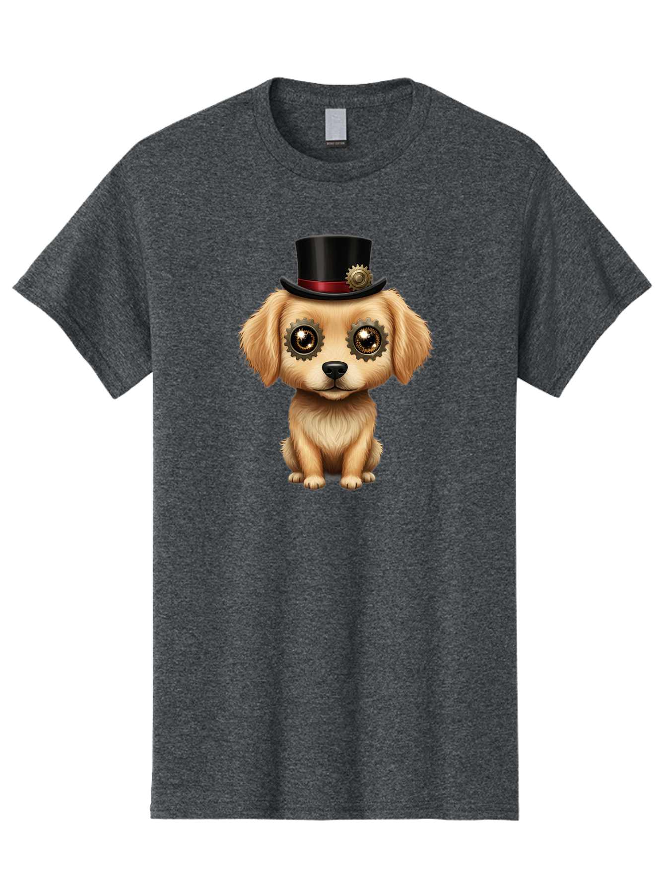 Puppy-In-Top-Hat Men'S Graphic Tee, 100% Cotton, Comfortable Casual Summer Wear, Machine Washable, Steampunk Dog, Puppy With Hat, Gear Eyes, Vintage Style, Unique Accessories, Fantasy Animal, Imaginative Design, Steampunk Art, Bac350