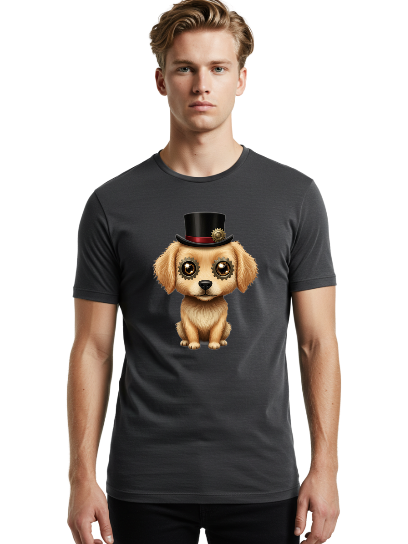 Puppy-In-Top-Hat Men'S Graphic Tee, 100% Cotton, Comfortable Casual Summer Wear, Machine Washable, Steampunk Dog, Puppy With Hat, Gear Eyes, Vintage Style, Unique Accessories, Fantasy Animal, Imaginative Design, Steampunk Art, Bac350