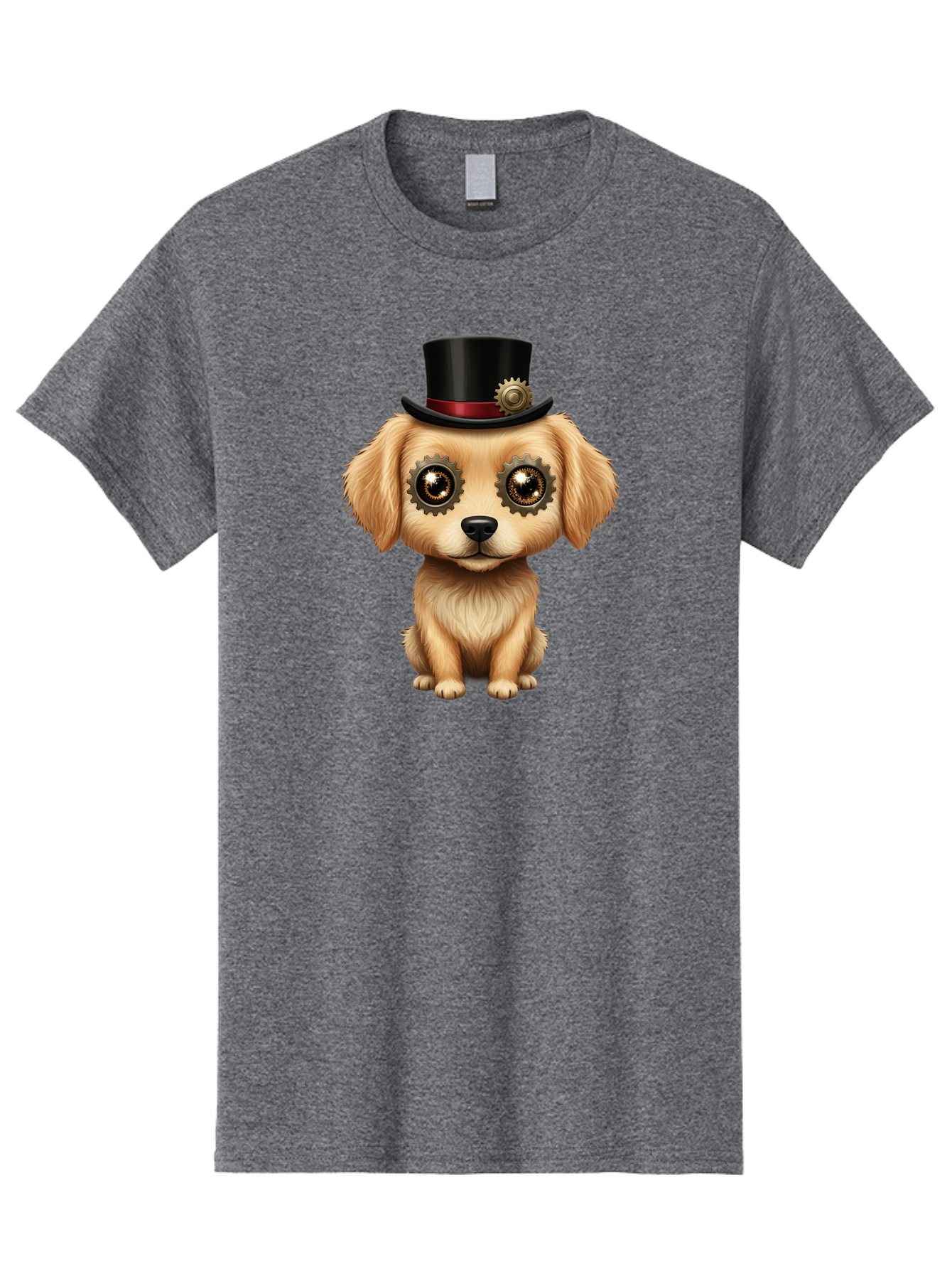 Puppy-In-Top-Hat Men'S Graphic Tee, 100% Cotton, Comfortable Casual Summer Wear, Machine Washable, Steampunk Dog, Puppy With Hat, Gear Eyes, Vintage Style, Unique Accessories, Fantasy Animal, Imaginative Design, Steampunk Art, Bac350