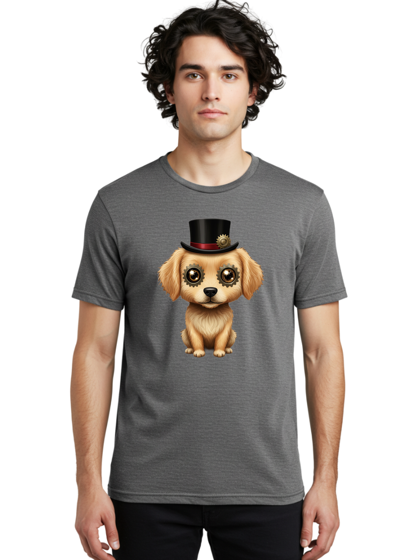 Puppy-In-Top-Hat Men'S Graphic Tee, 100% Cotton, Comfortable Casual Summer Wear, Machine Washable, Steampunk Dog, Puppy With Hat, Gear Eyes, Vintage Style, Unique Accessories, Fantasy Animal, Imaginative Design, Steampunk Art, Bac350