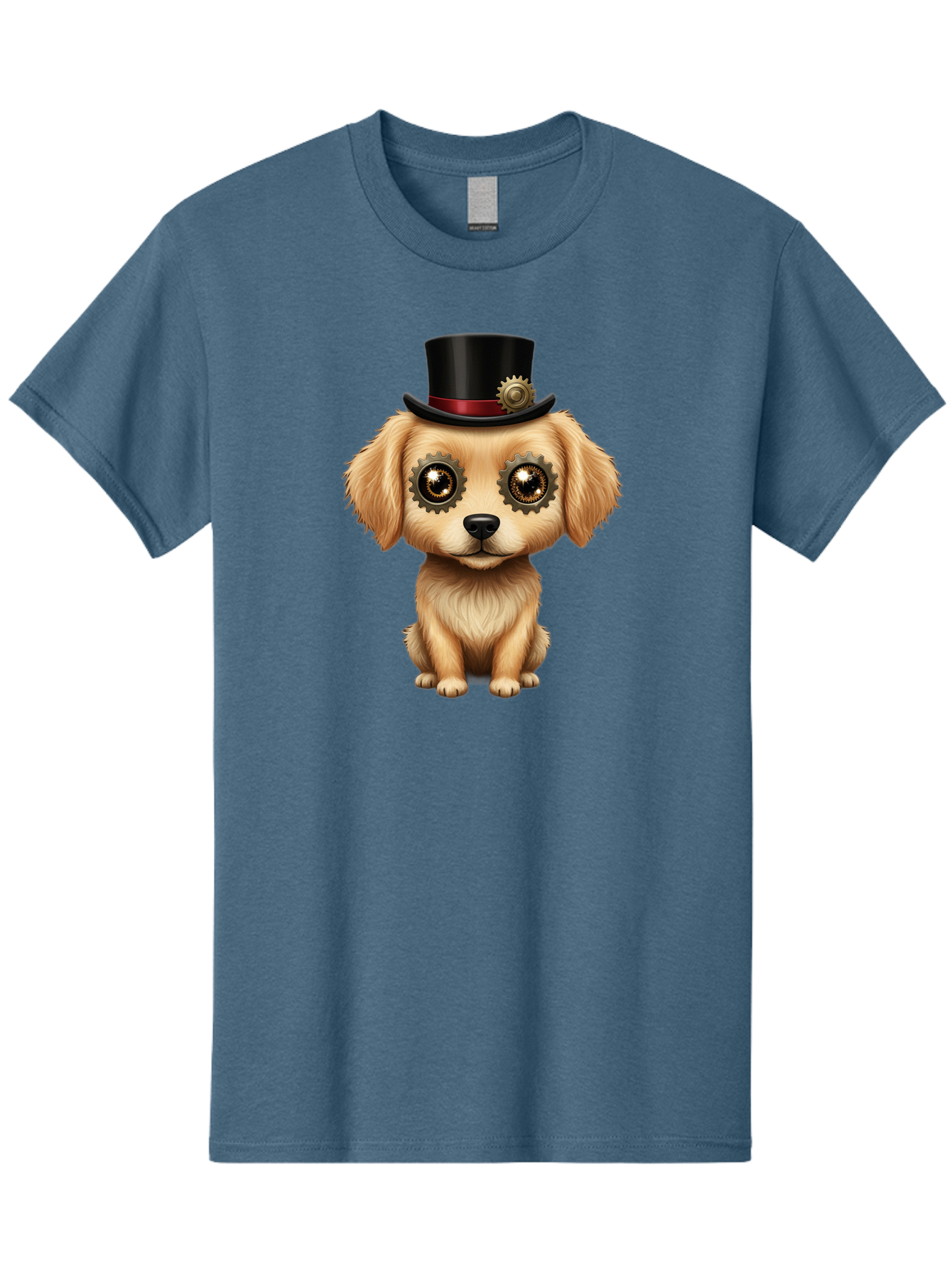 Puppy-In-Top-Hat Men'S Graphic Tee, 100% Cotton, Comfortable Casual Summer Wear, Machine Washable, Steampunk Dog, Puppy With Hat, Gear Eyes, Vintage Style, Unique Accessories, Fantasy Animal, Imaginative Design, Steampunk Art, Bac350