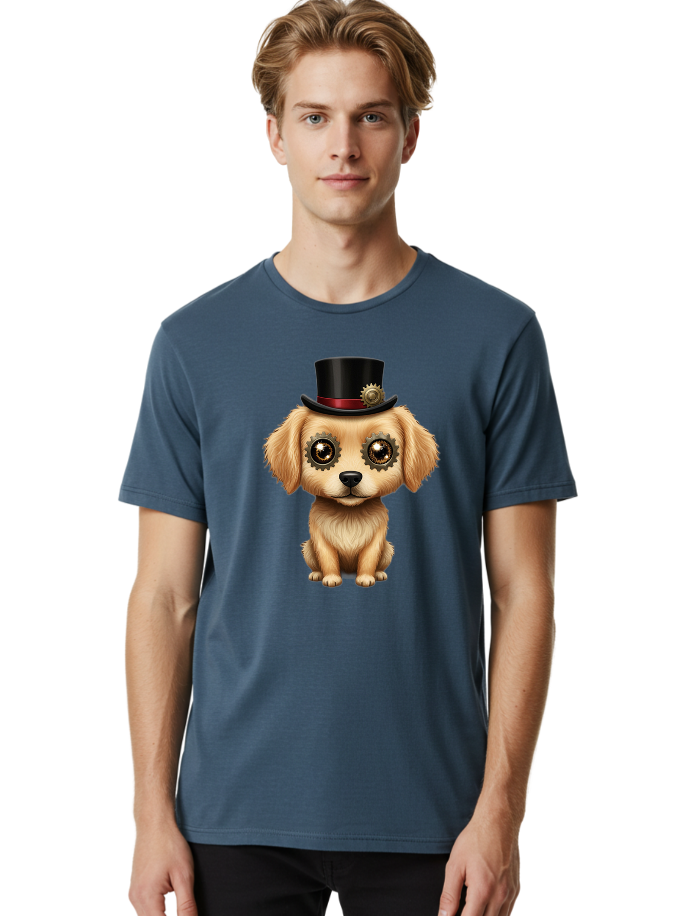 Puppy-In-Top-Hat Men'S Graphic Tee, 100% Cotton, Comfortable Casual Summer Wear, Machine Washable, Steampunk Dog, Puppy With Hat, Gear Eyes, Vintage Style, Unique Accessories, Fantasy Animal, Imaginative Design, Steampunk Art, Bac350
