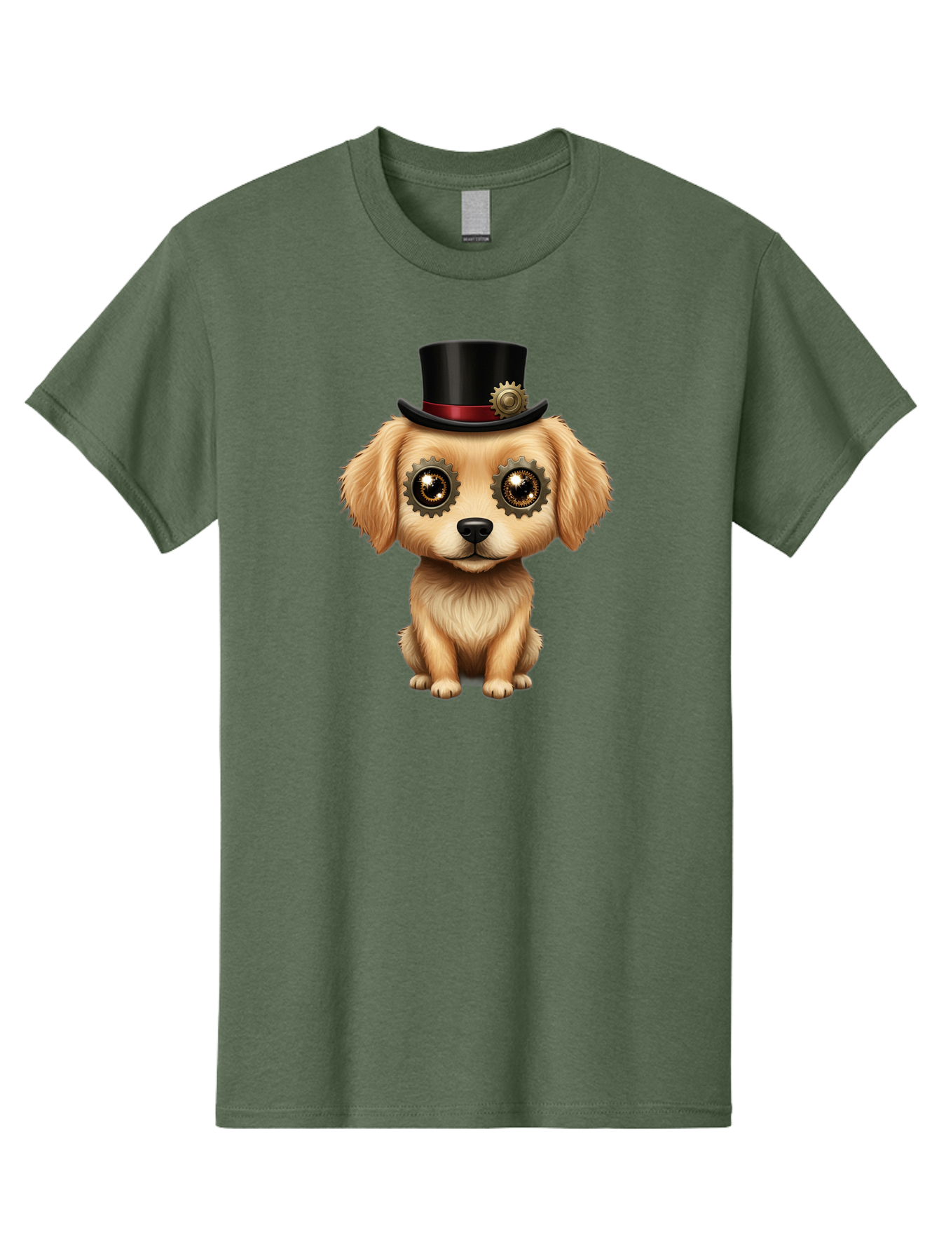 Puppy-In-Top-Hat Men'S Graphic Tee, 100% Cotton, Comfortable Casual Summer Wear, Machine Washable, Steampunk Dog, Puppy With Hat, Gear Eyes, Vintage Style, Unique Accessories, Fantasy Animal, Imaginative Design, Steampunk Art, Bac350