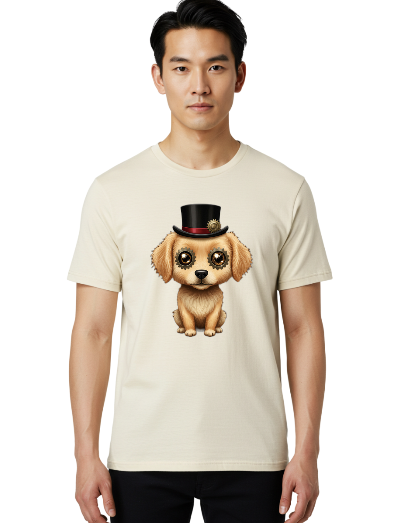 Puppy-In-Top-Hat Men'S Graphic Tee, 100% Cotton, Comfortable Casual Summer Wear, Machine Washable, Steampunk Dog, Puppy With Hat, Gear Eyes, Vintage Style, Unique Accessories, Fantasy Animal, Imaginative Design, Steampunk Art, Bac350