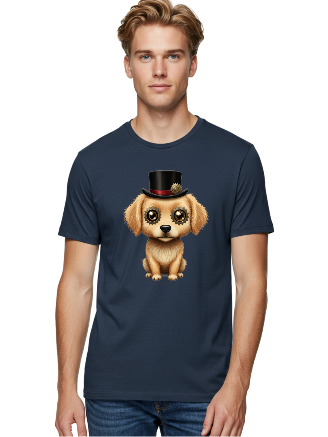Puppy-In-Top-Hat Men'S Graphic Tee, 100% Cotton, Comfortable Casual Summer Wear, Machine Washable, Steampunk Dog, Puppy With Hat, Gear Eyes, Vintage Style, Unique Accessories, Fantasy Animal, Imaginative Design, Steampunk Art, Bac350