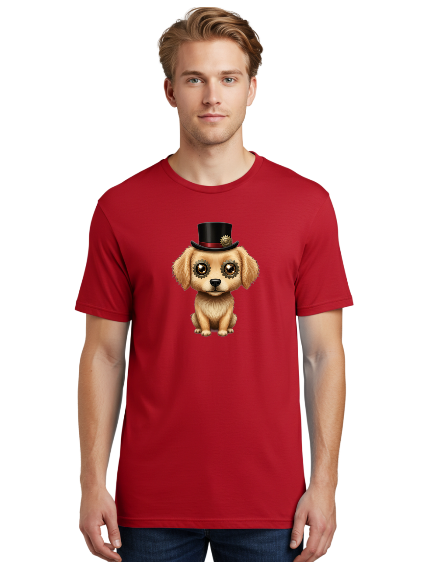 Puppy-In-Top-Hat Men'S Graphic Tee, 100% Cotton, Comfortable Casual Summer Wear, Machine Washable, Steampunk Dog, Puppy With Hat, Gear Eyes, Vintage Style, Unique Accessories, Fantasy Animal, Imaginative Design, Steampunk Art, Bac350