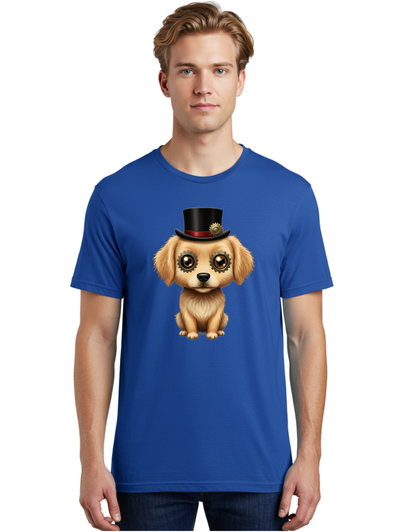 Puppy-In-Top-Hat Men'S Graphic Tee, 100% Cotton, Comfortable Casual Summer Wear, Machine Washable, Steampunk Dog, Puppy With Hat, Gear Eyes, Vintage Style, Unique Accessories, Fantasy Animal, Imaginative Design, Steampunk Art, Bac350