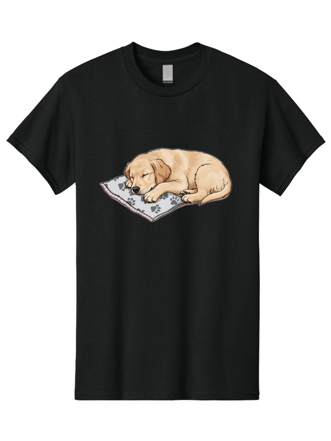Puppy-Sleeping-On-Paw-Print-Blanket Men'S Graphic Tee, 100% Cotton, Comfortable Casual Summer Wear, Machine Washable, Sleeping Puppy, Golden Retriever, Animal Rest, Dog Blanket, Paw Prints, Cozy Atmosphere, Cartoon Illustration, Adorable Pet Bac351
