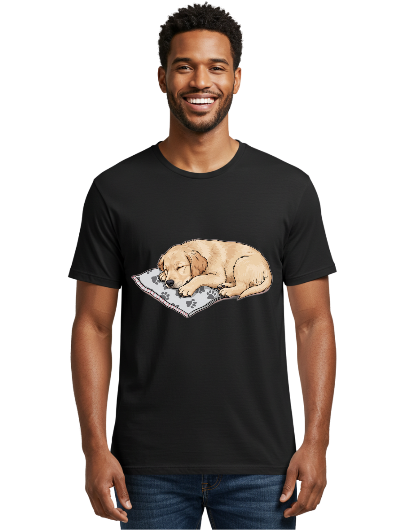 Puppy-Sleeping-On-Paw-Print-Blanket Men'S Graphic Tee, 100% Cotton, Comfortable Casual Summer Wear, Machine Washable, Sleeping Puppy, Golden Retriever, Animal Rest, Dog Blanket, Paw Prints, Cozy Atmosphere, Cartoon Illustration, Adorable Pet Bac351
